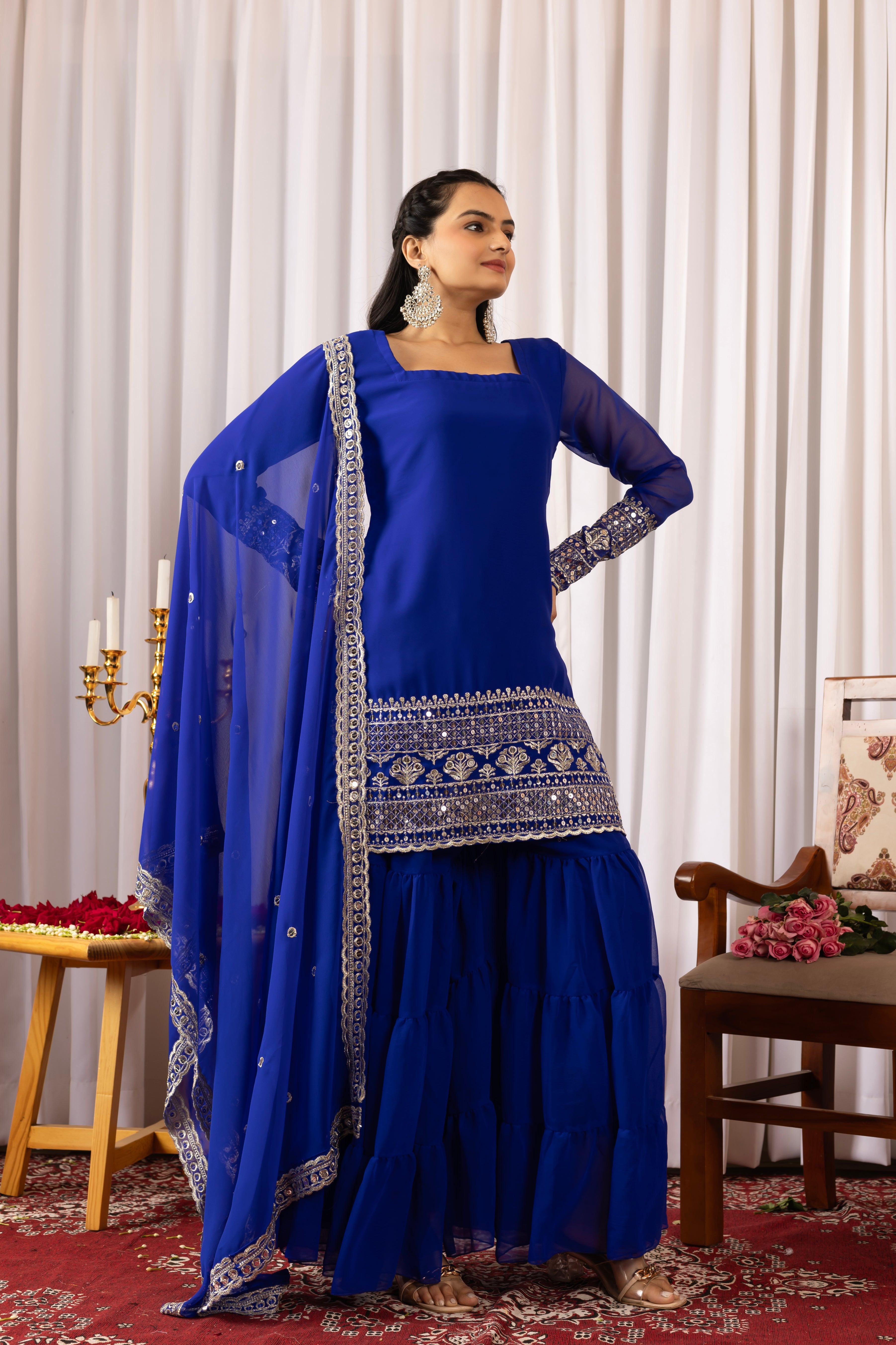 Georgette Blue Embroidered Stitched sharara suit for women's