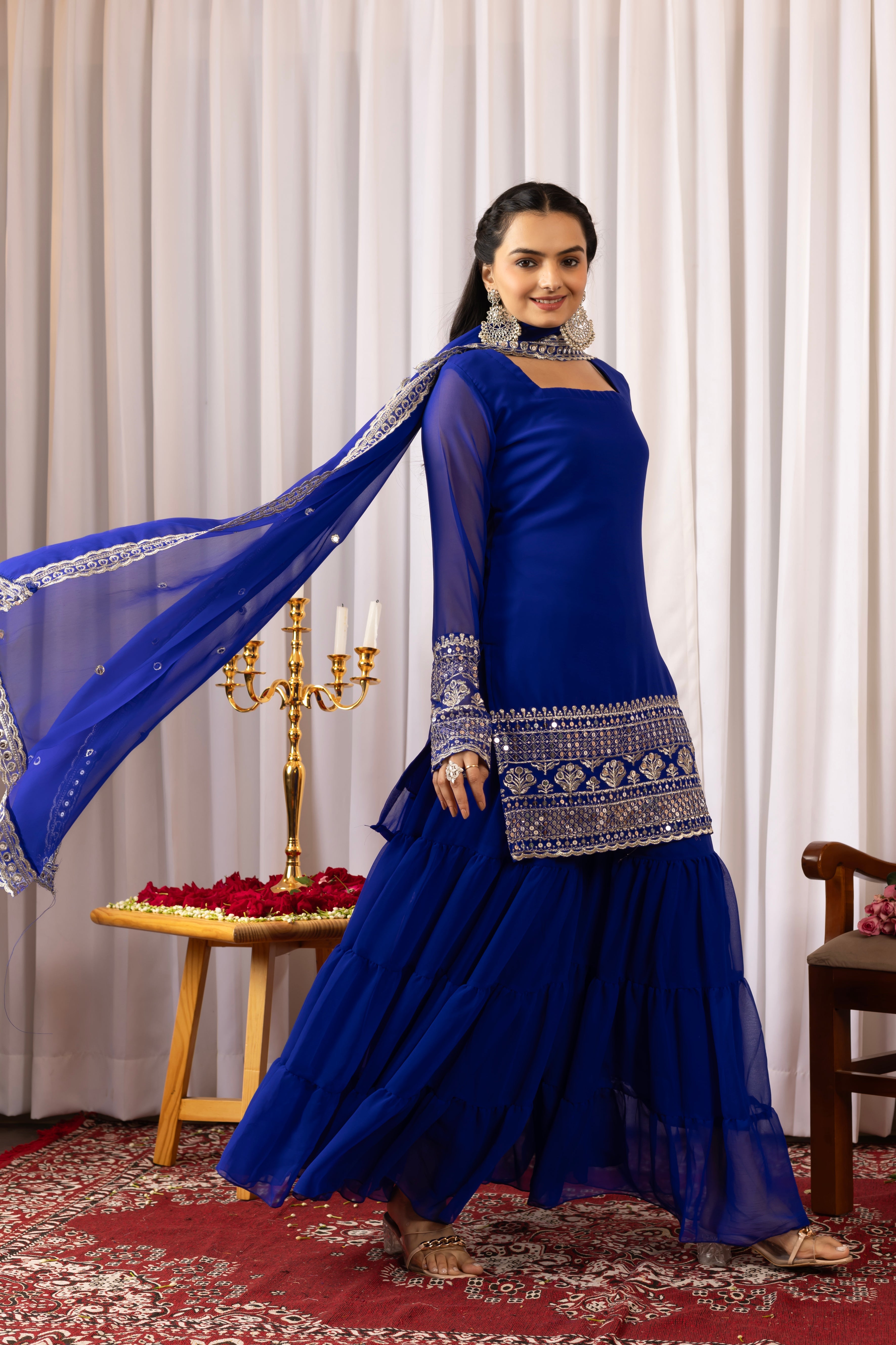 Georgette Blue Embroidered Stitched sharara suit for women's