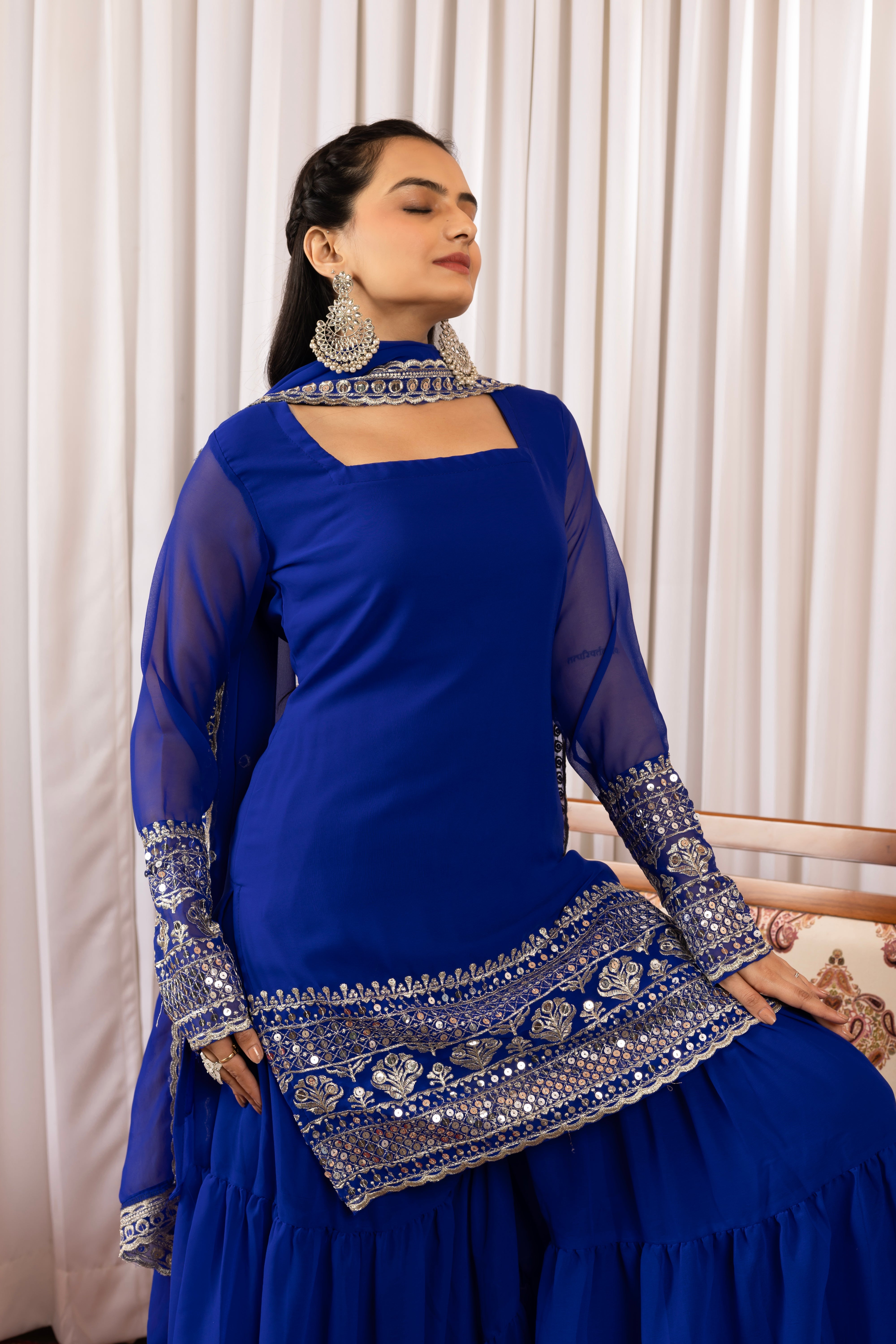 Georgette Blue Embroidered Stitched sharara suit for women's