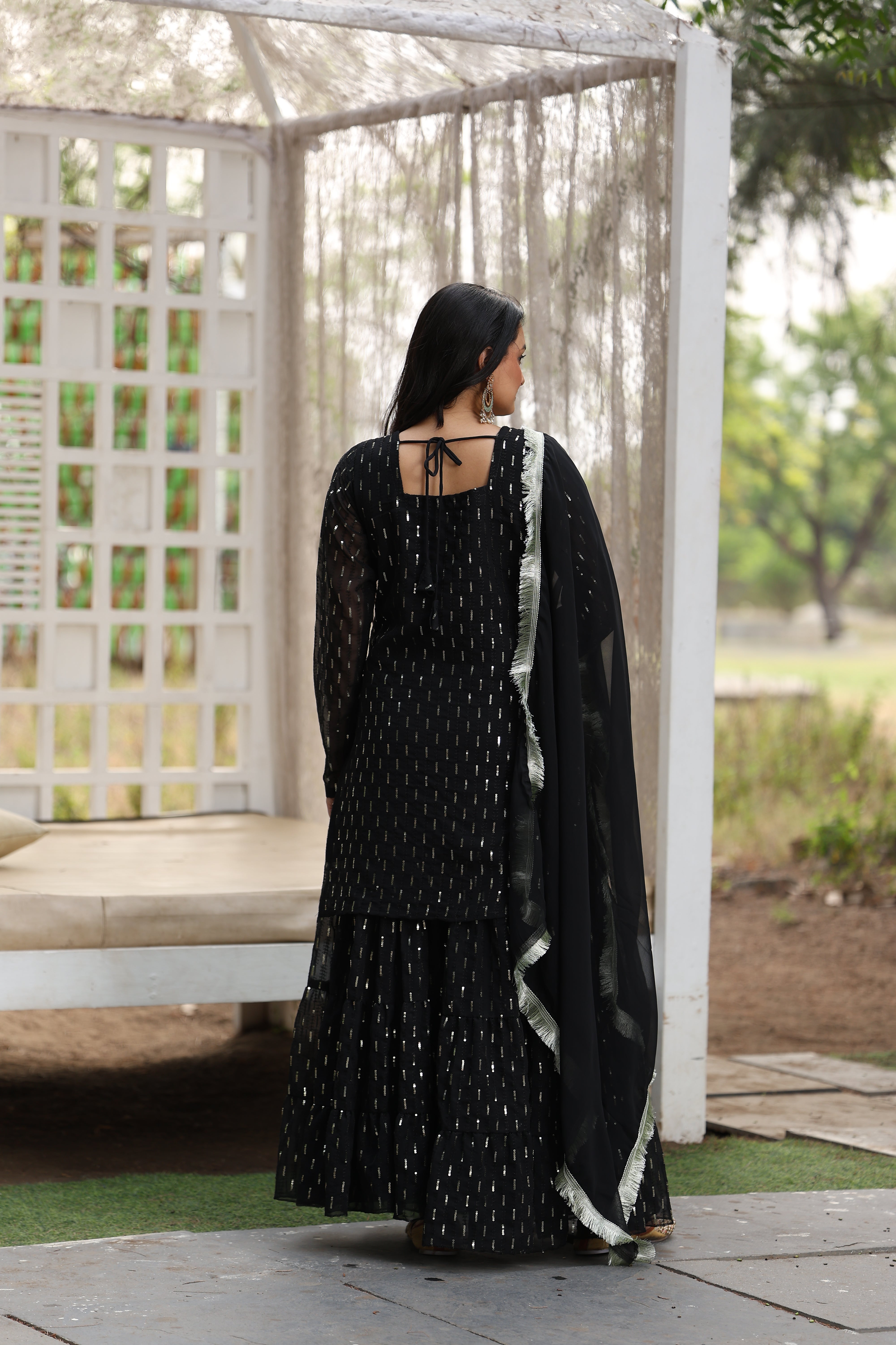 Georgette Black Sequince Embroidered Stitched sharara For women's