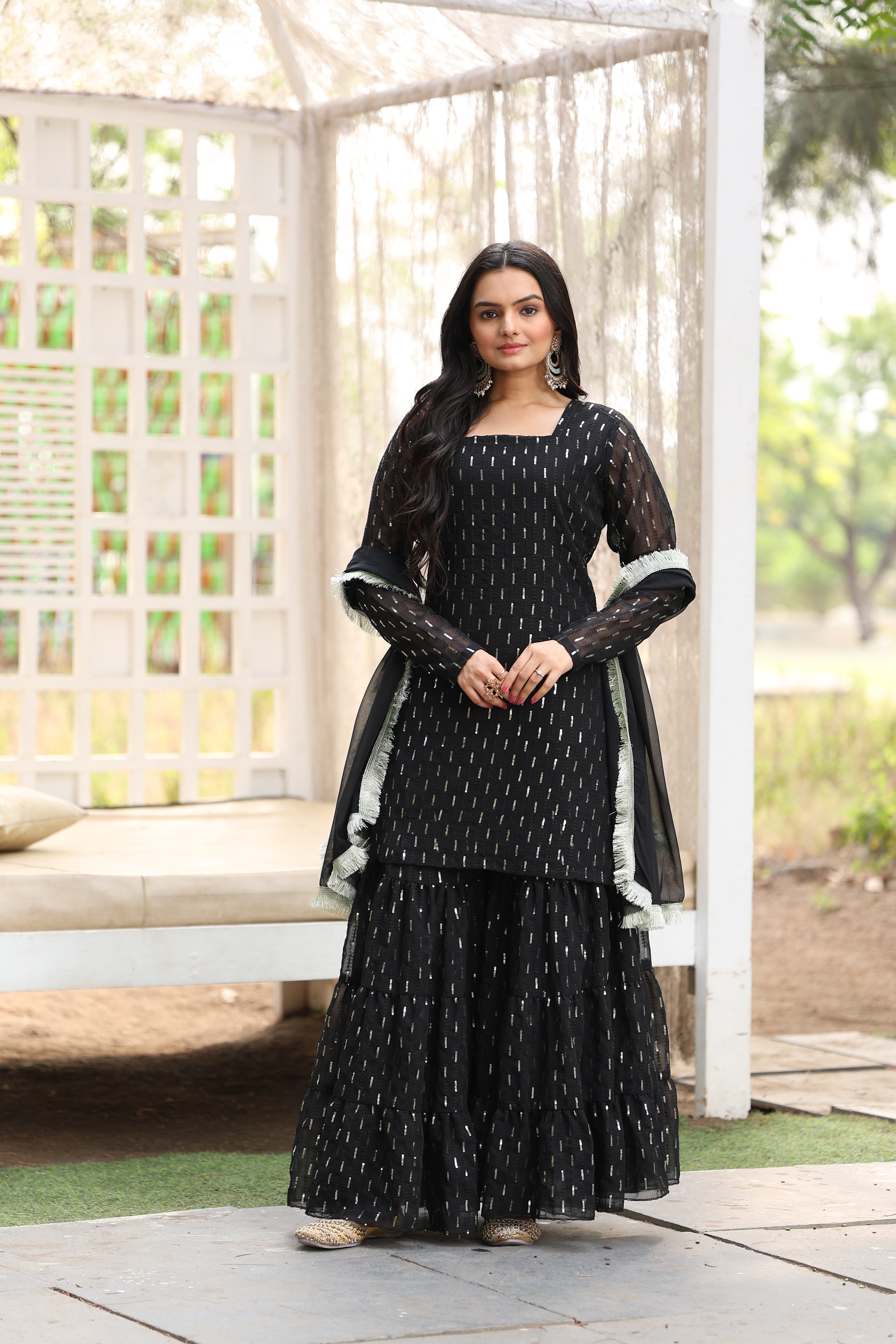Georgette Black Sequince Embroidered Stitched sharara For women's