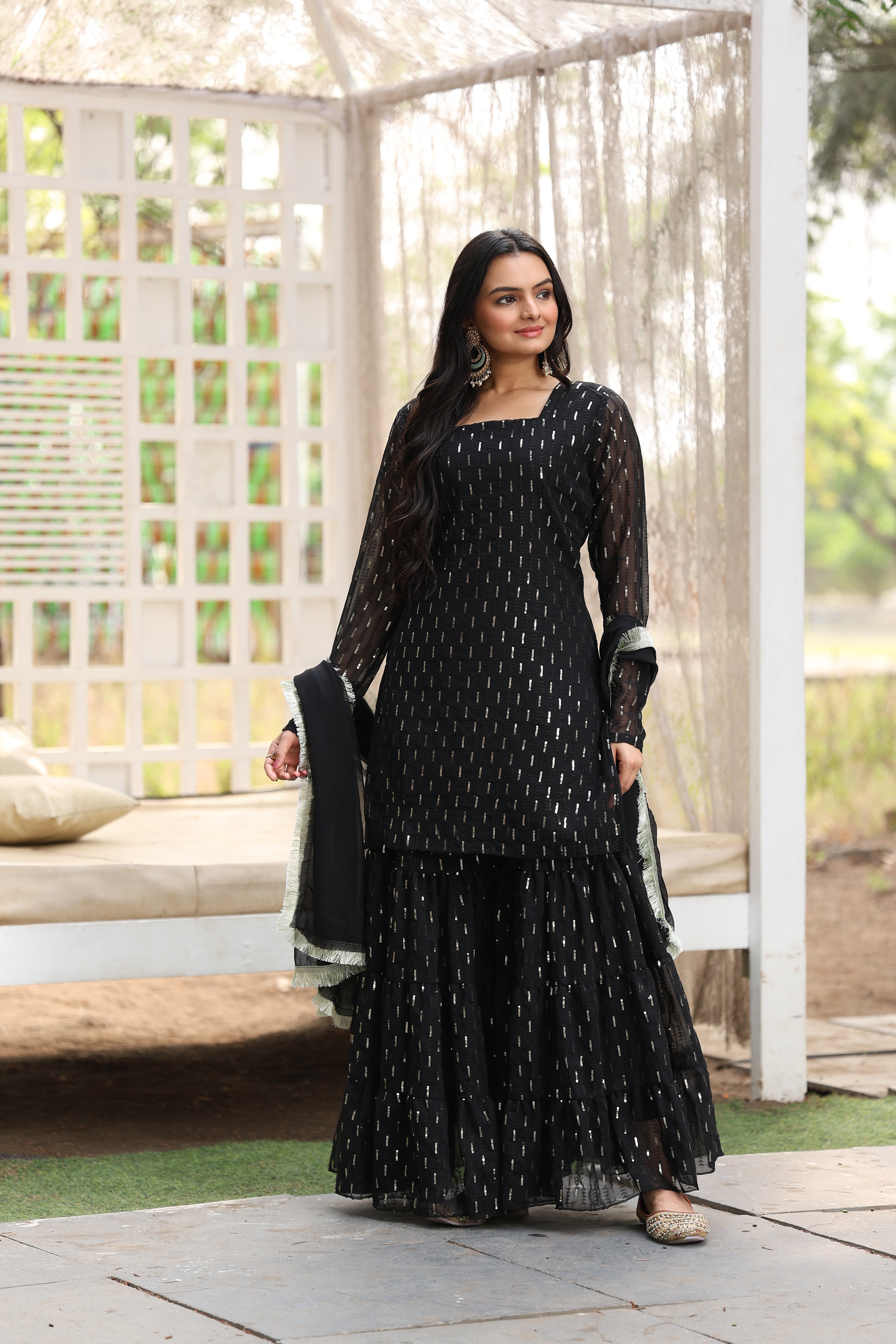 Georgette Black Sequince Embroidered Stitched sharara For women's