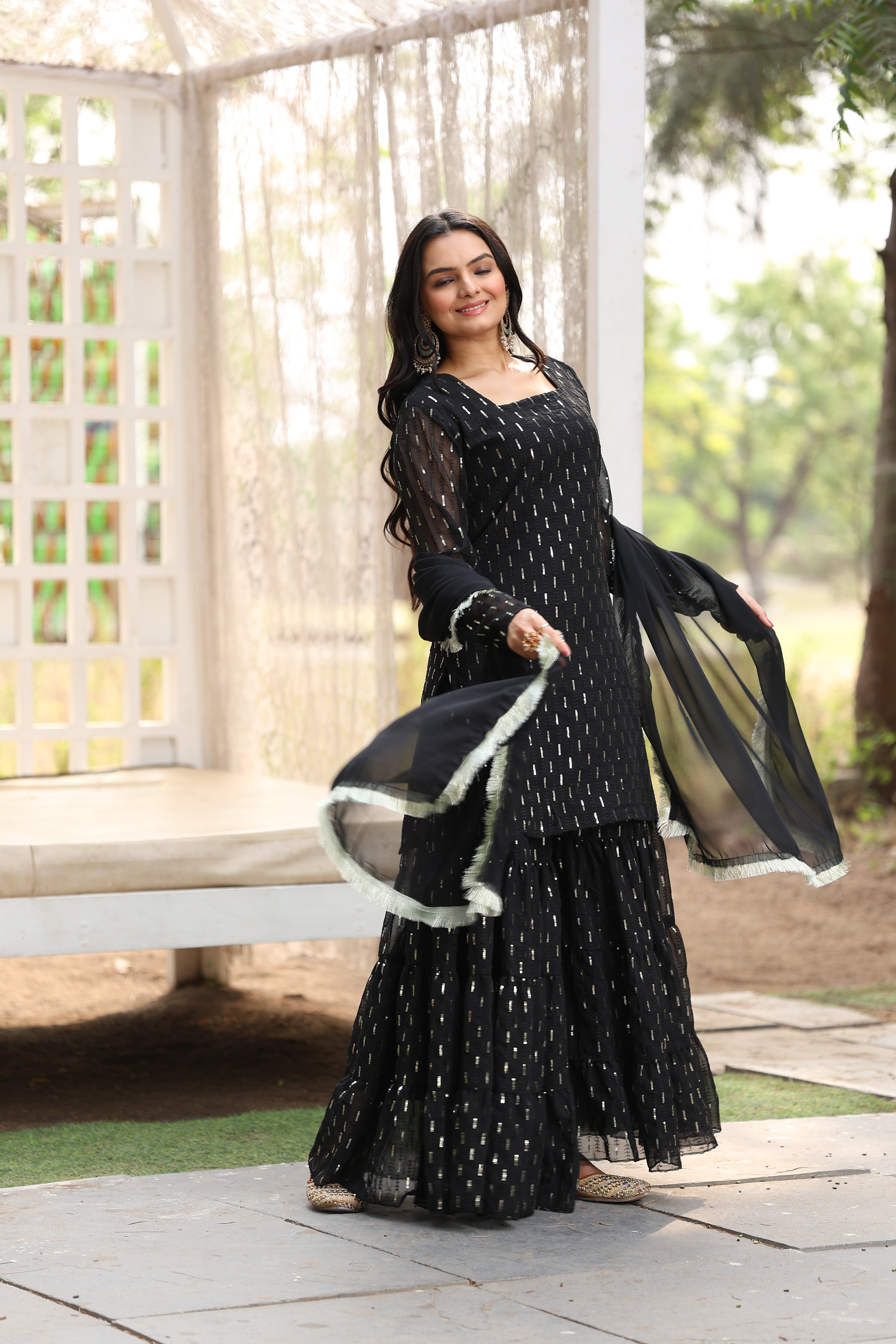 Georgette Black Sequince Embroidered Stitched sharara For women's