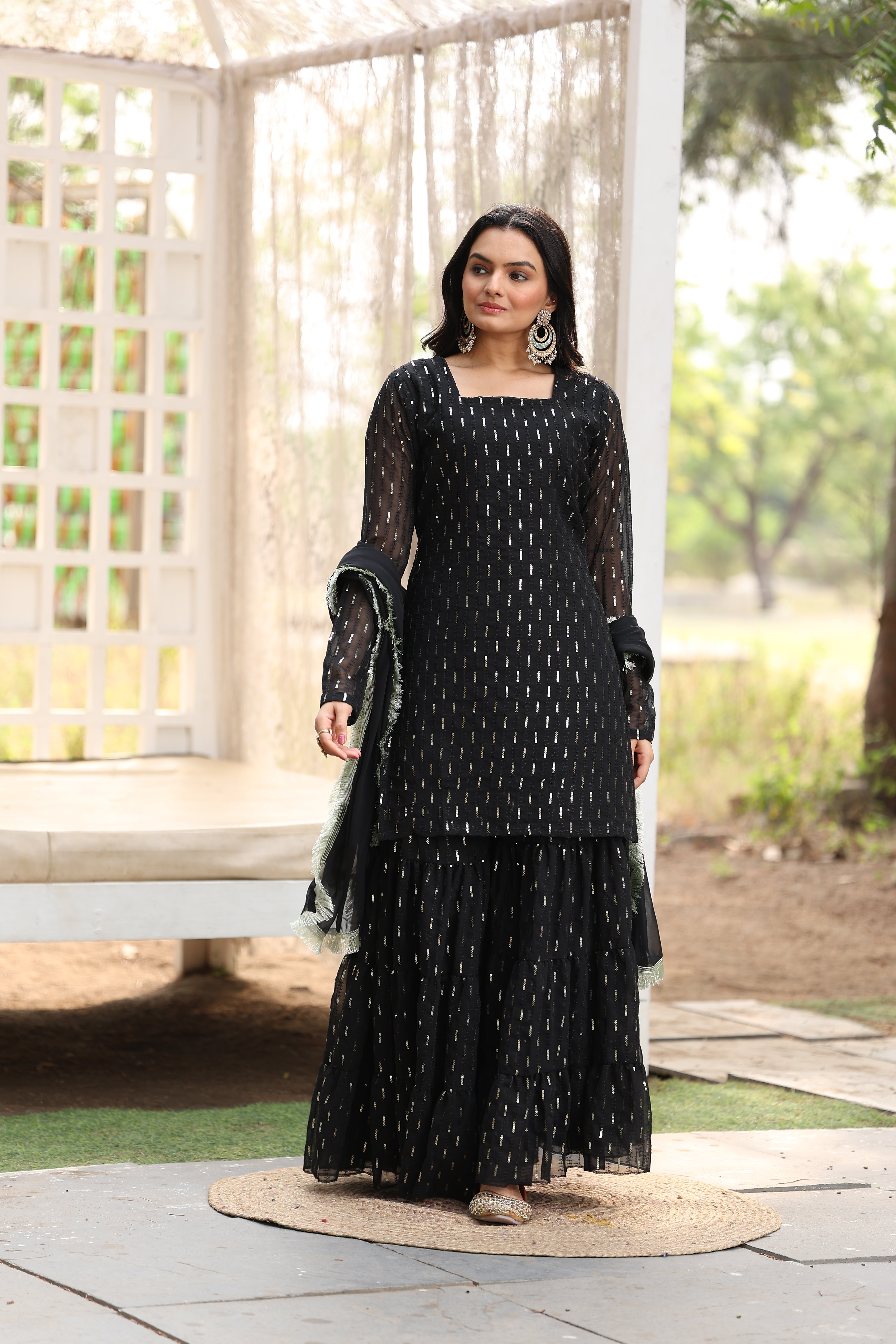 Georgette Black Sequince Embroidered Stitched sharara For women's