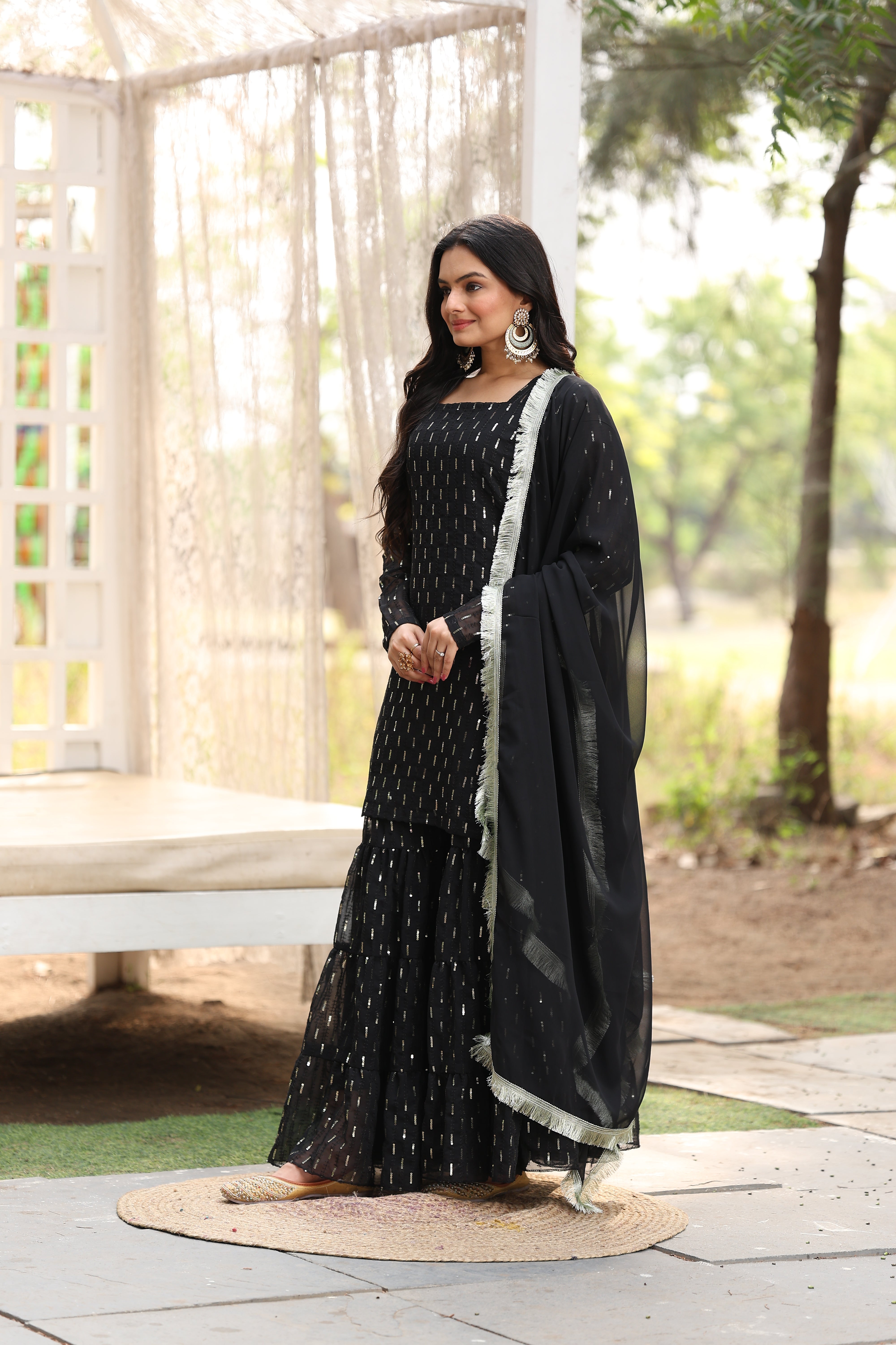 Georgette Black Sequince Embroidered Stitched sharara For women's