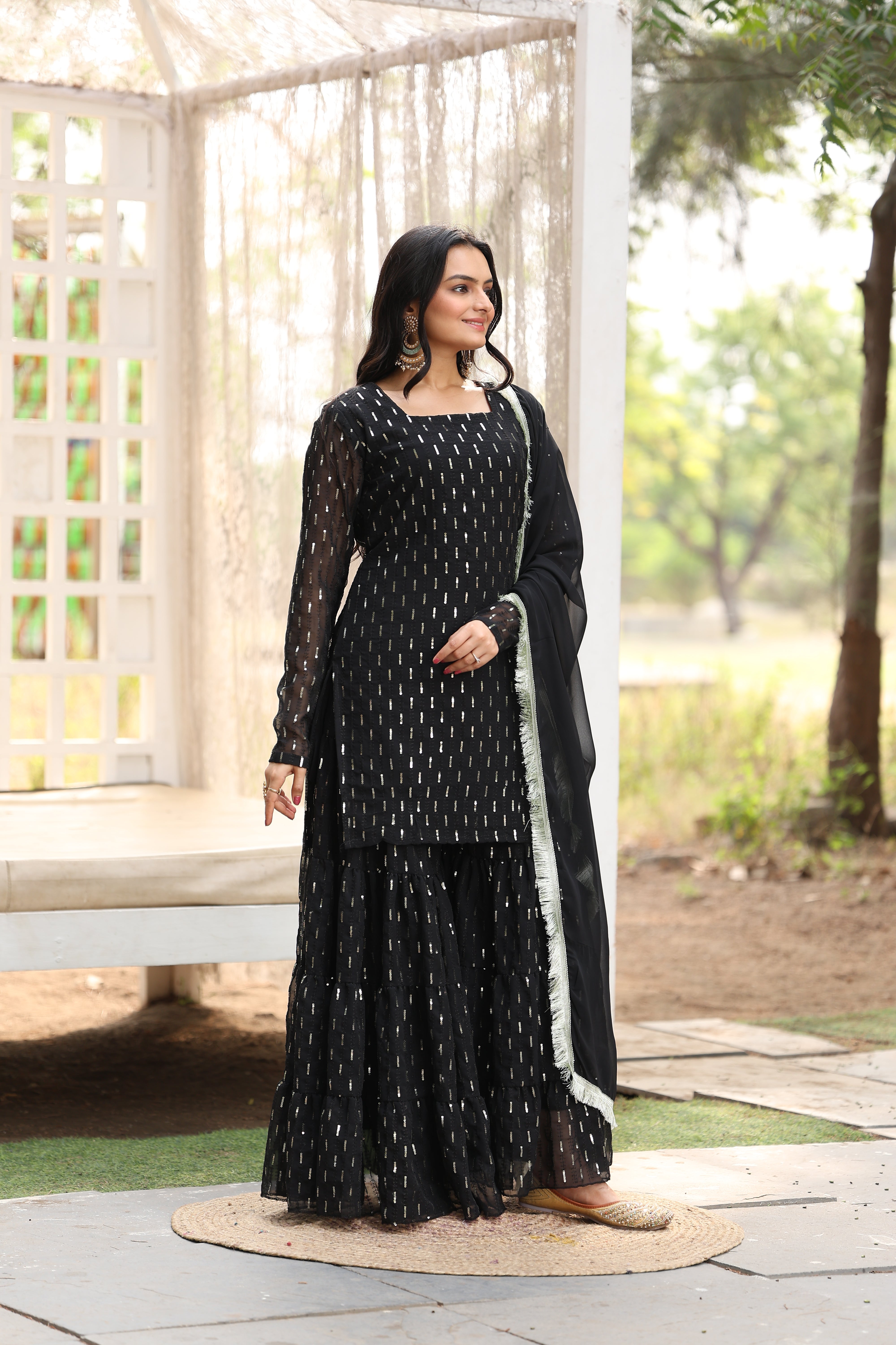 Georgette Black Sequince Embroidered Stitched sharara For women's