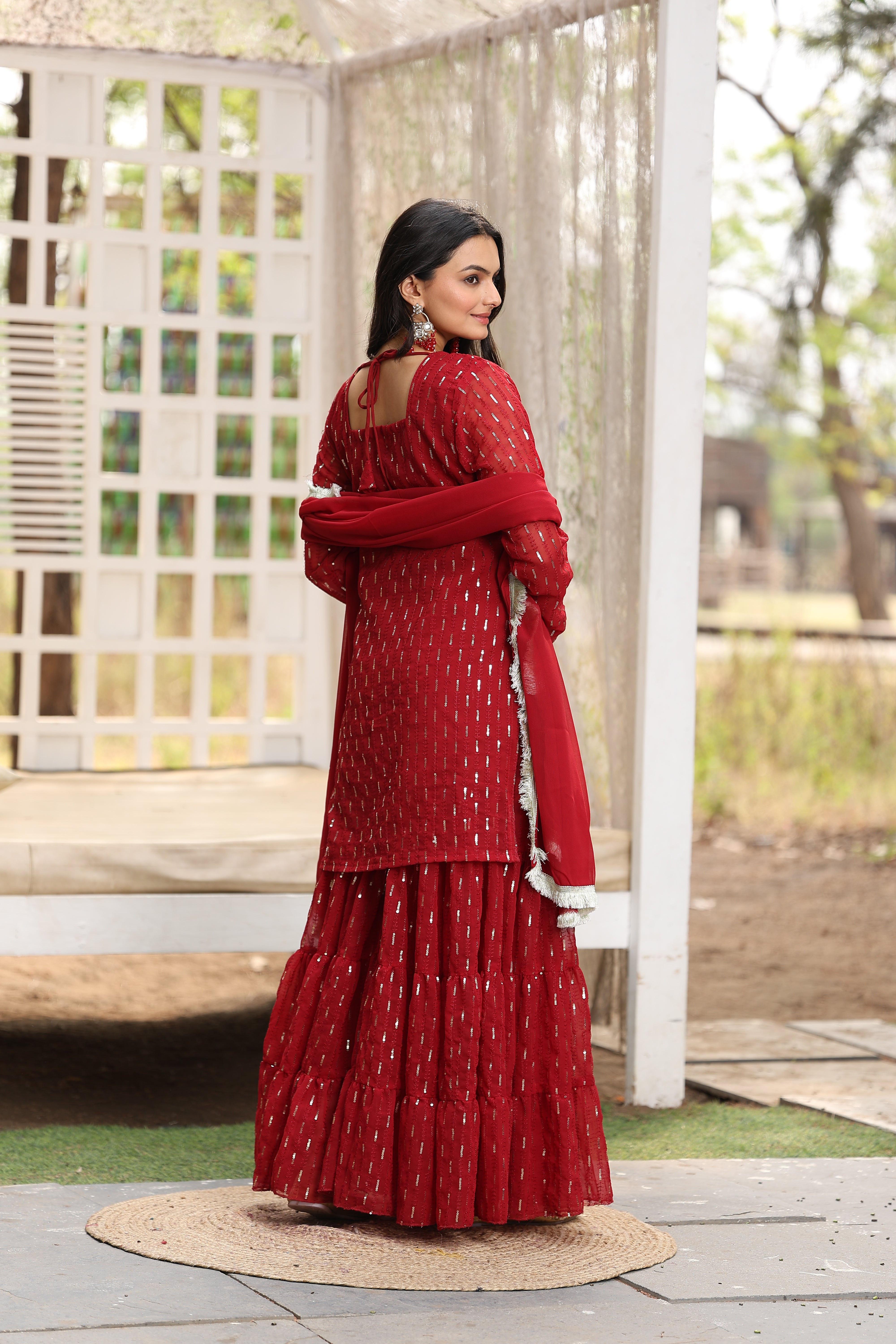 Georgette Maroon Sequince Embroidered Stitched sharara For women's