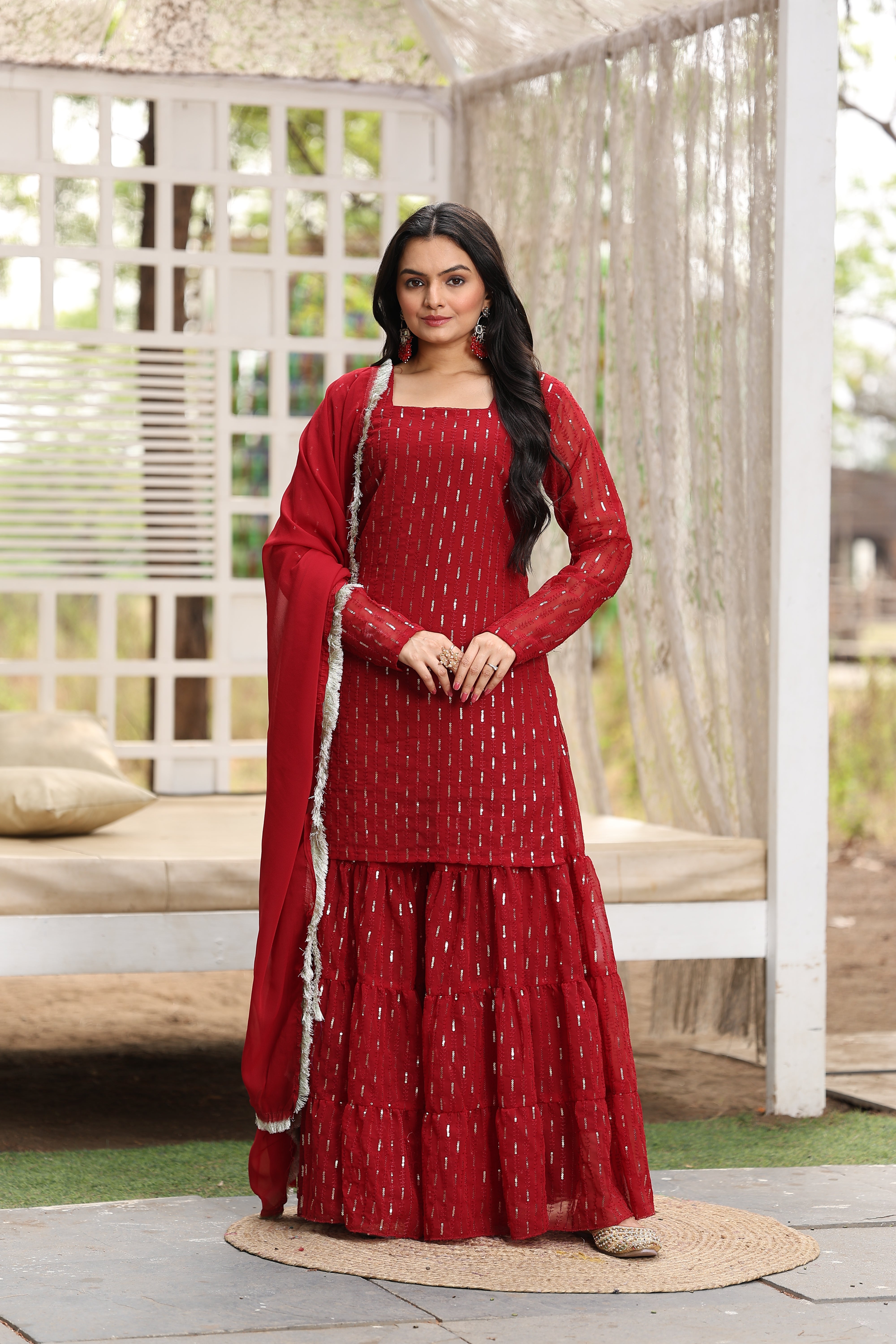 Georgette Maroon Sequince Embroidered Stitched sharara For women's