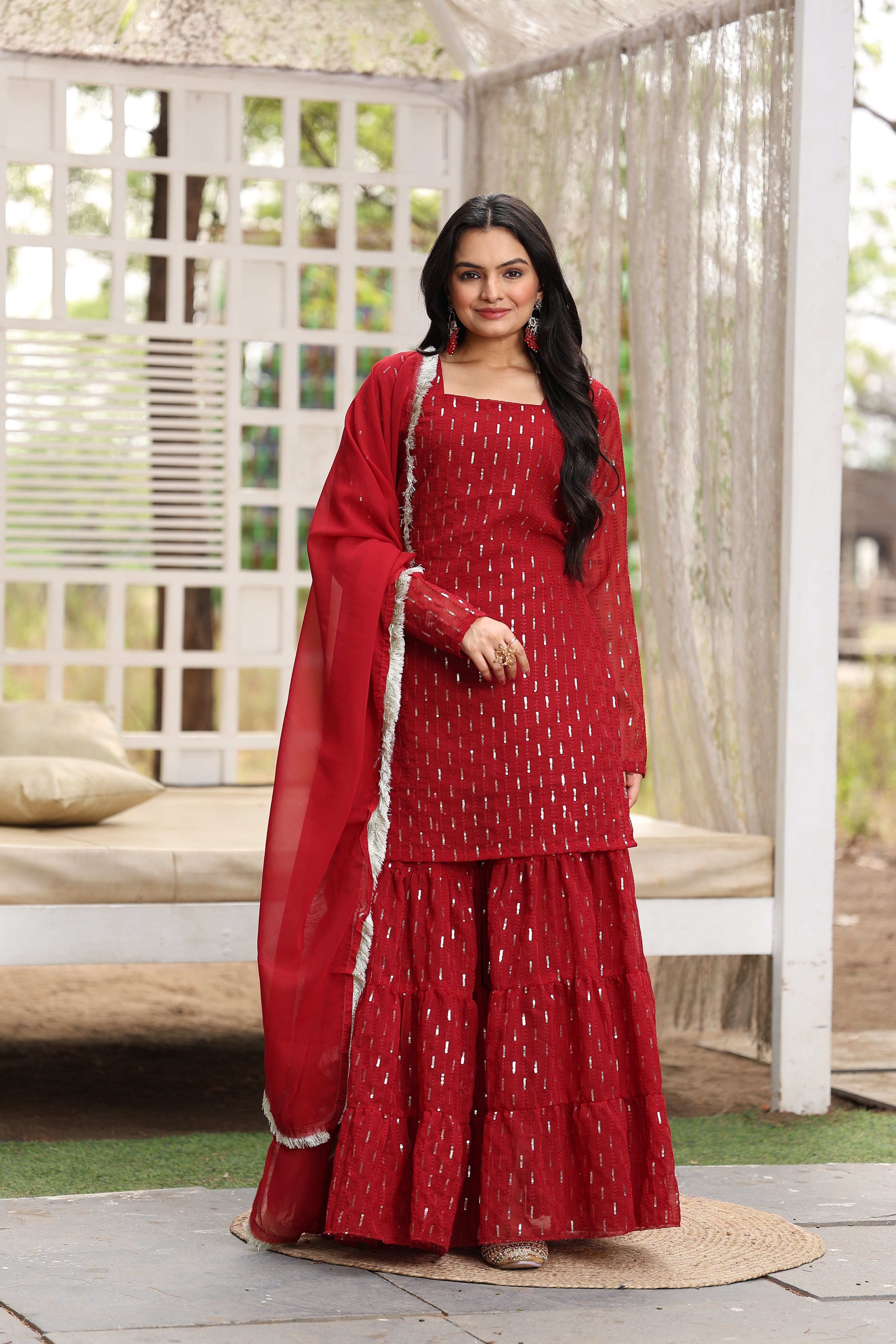 Georgette Maroon Sequince Embroidered Stitched sharara For women's