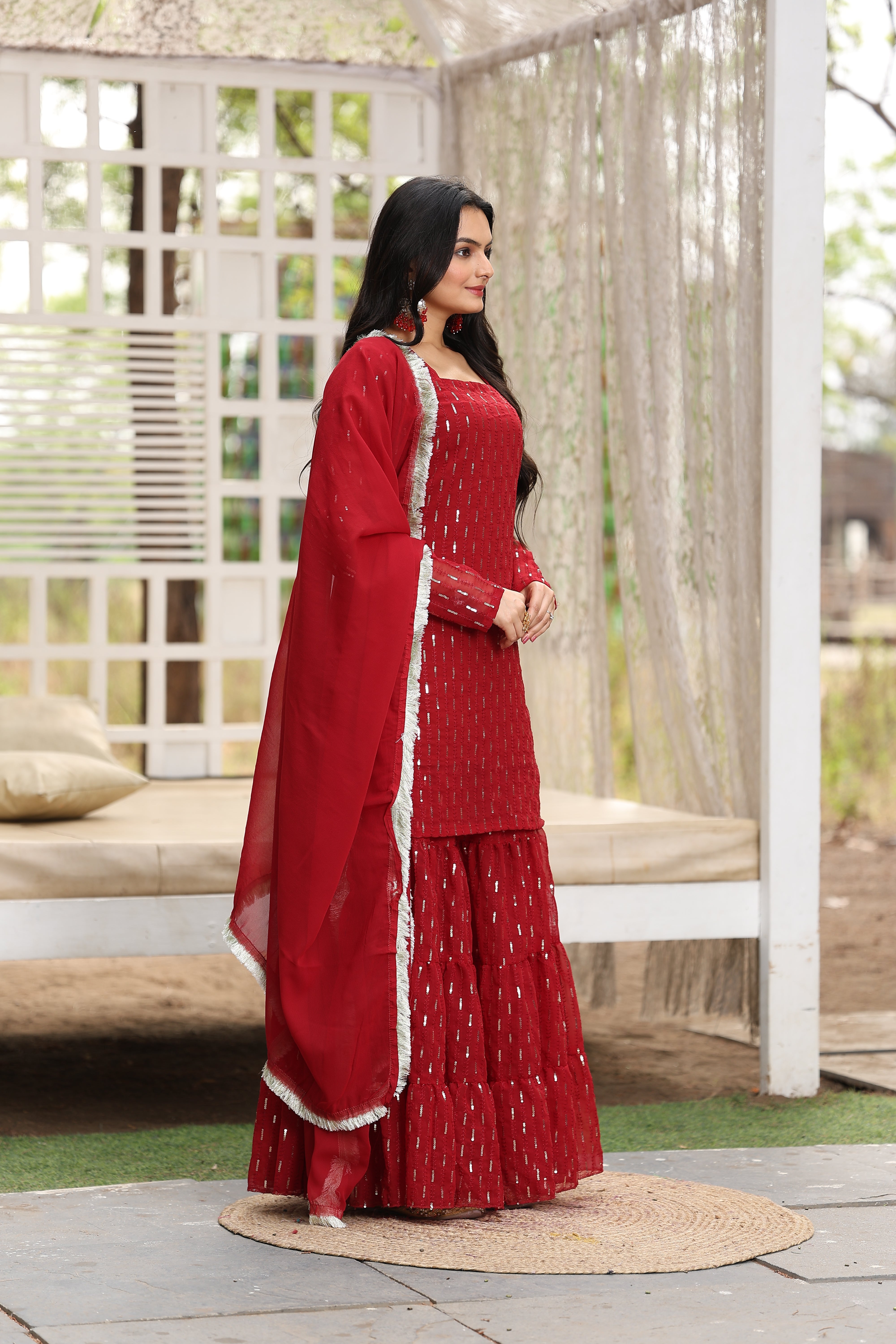 Georgette Maroon Sequince Embroidered Stitched sharara For women's