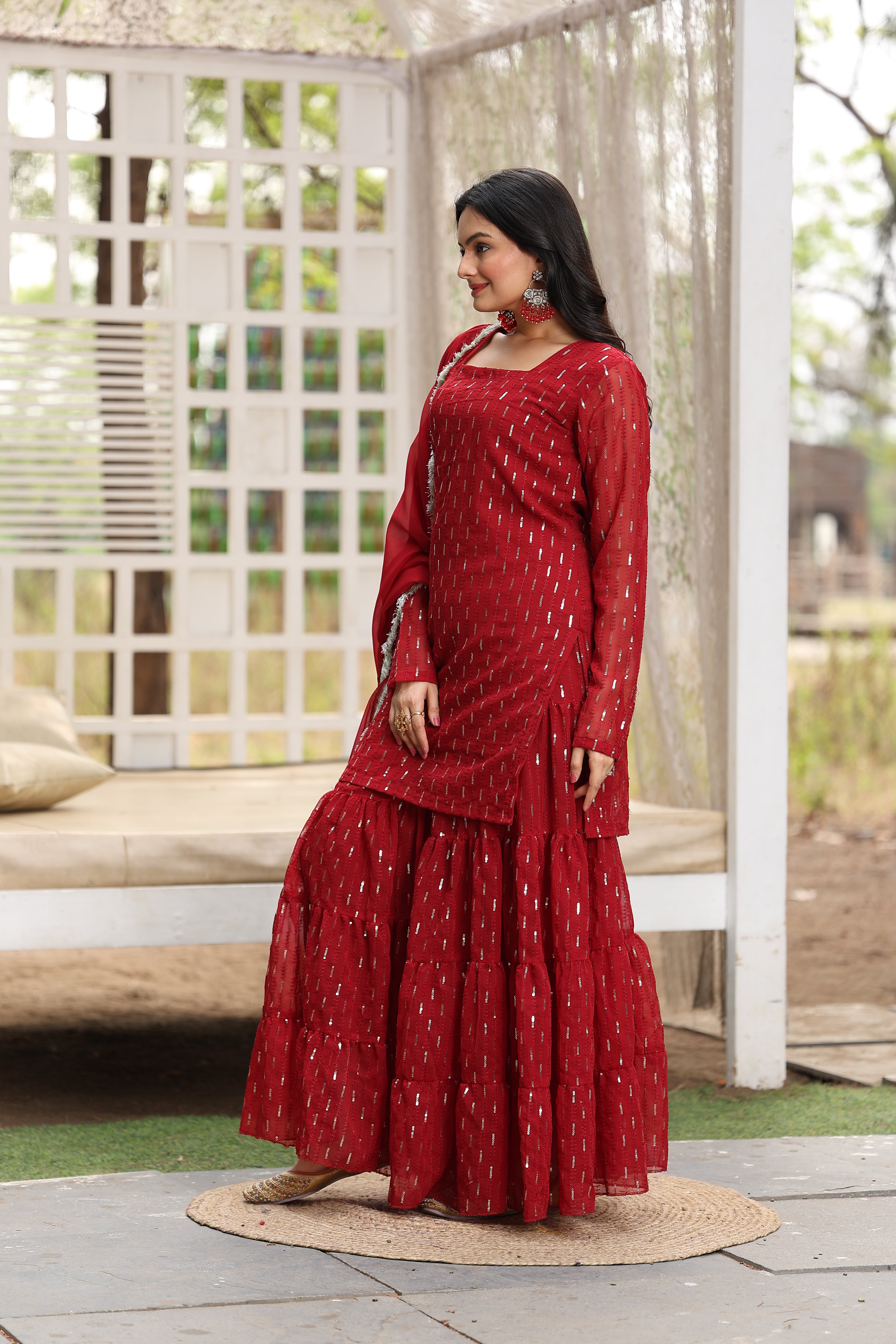 Georgette Maroon Sequince Embroidered Stitched sharara For women's