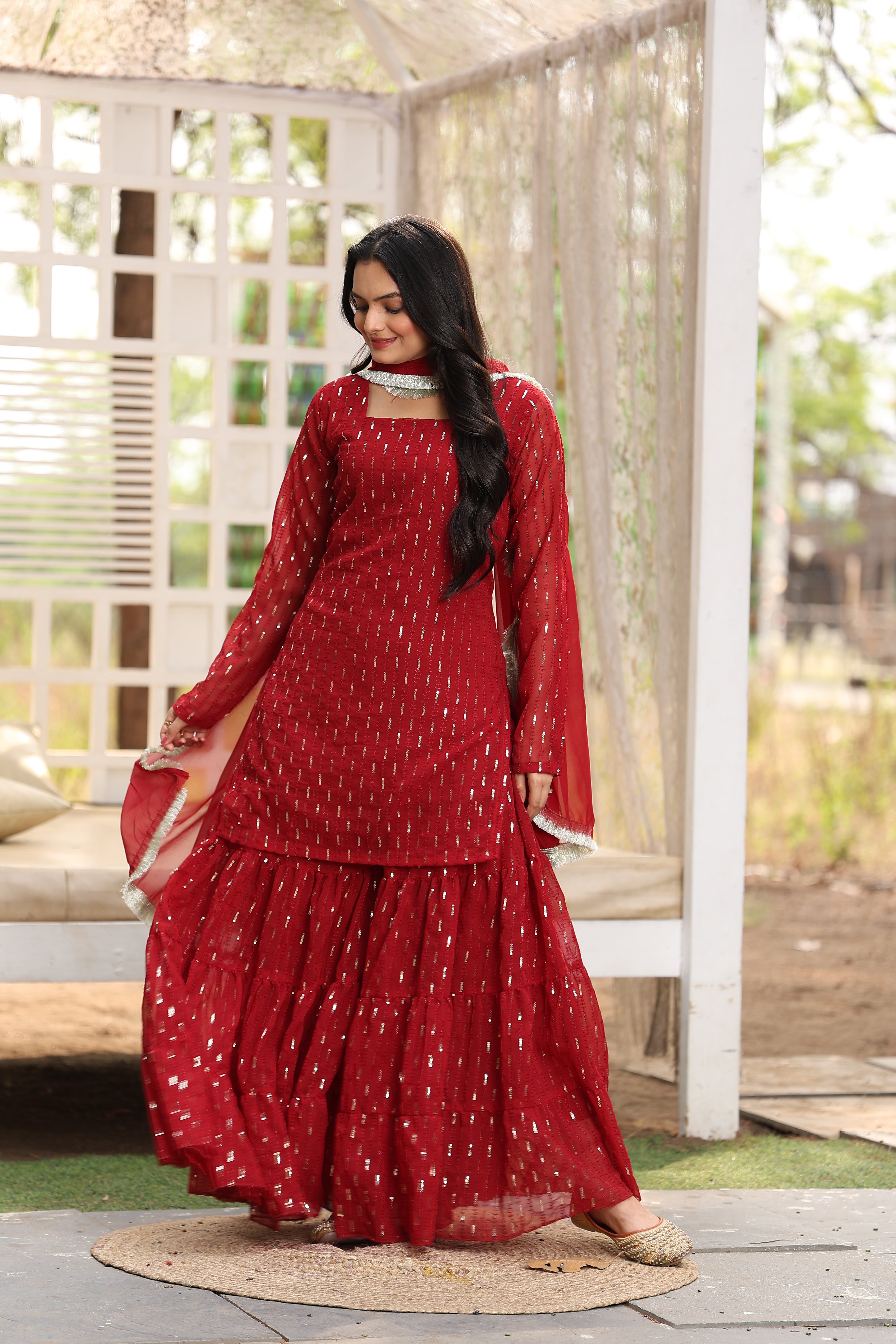 Georgette Maroon Sequince Embroidered Stitched sharara For women's