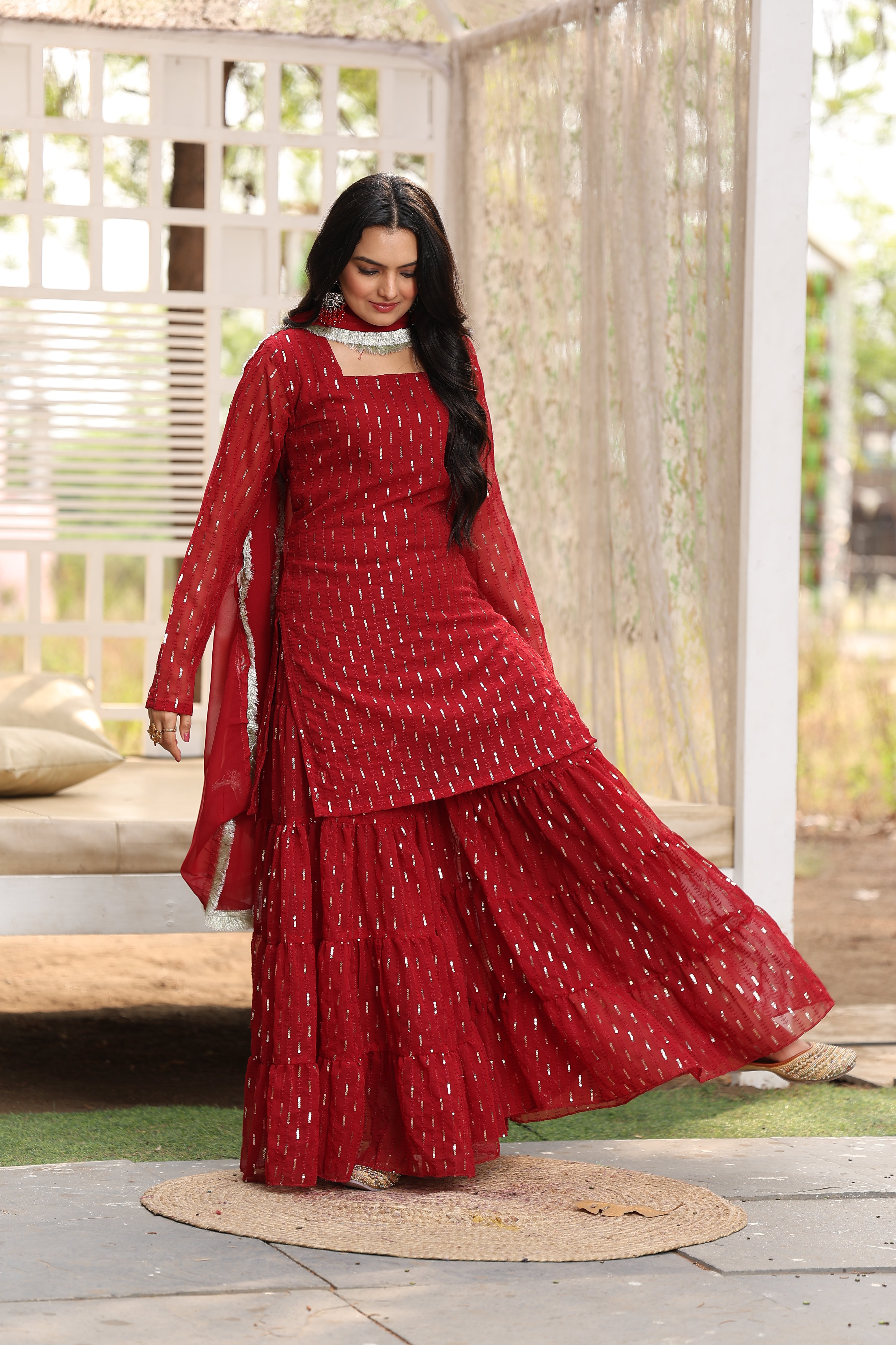 Georgette Maroon Sequince Embroidered Stitched sharara For women's