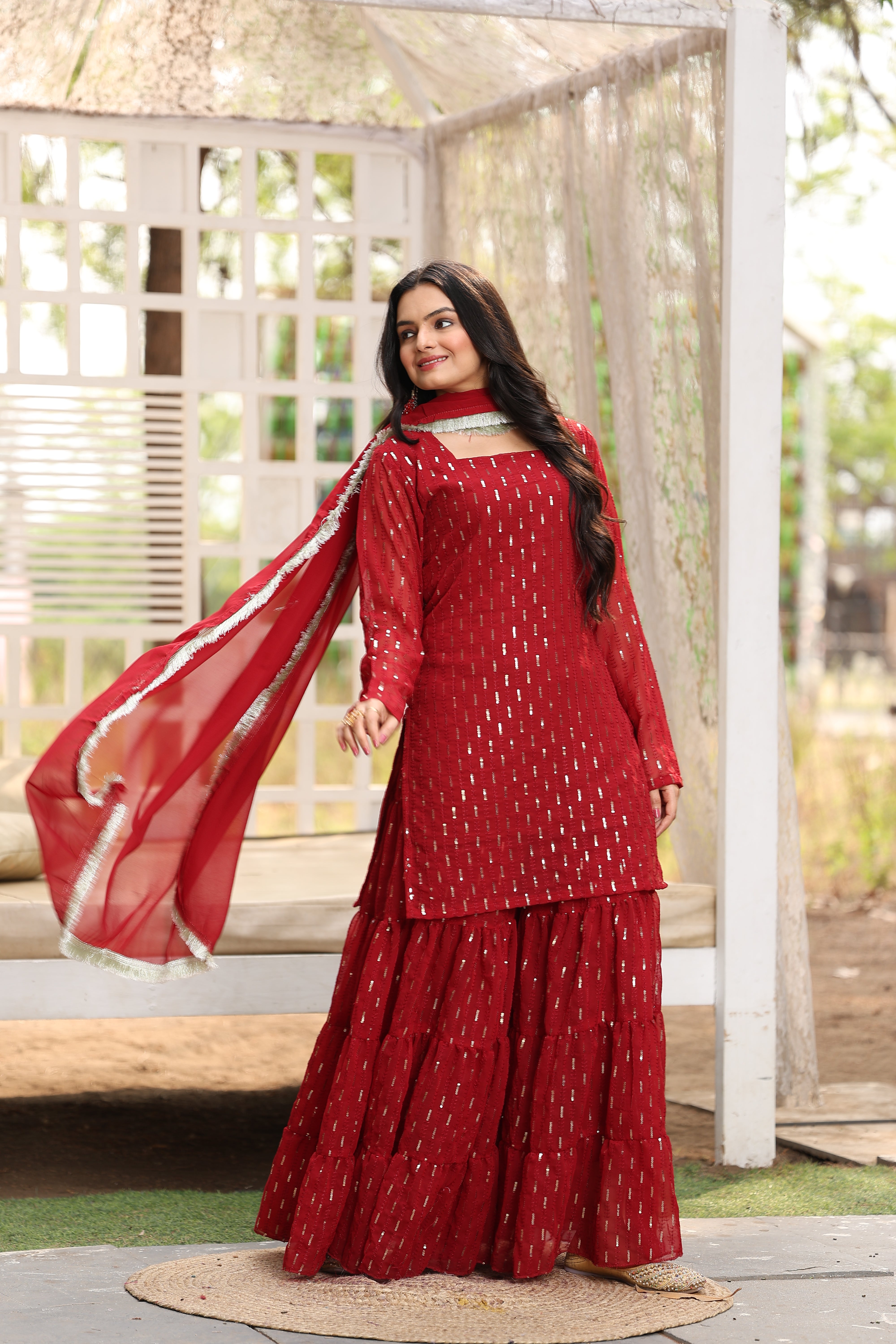 Georgette Maroon Sequince Embroidered Stitched sharara For women's