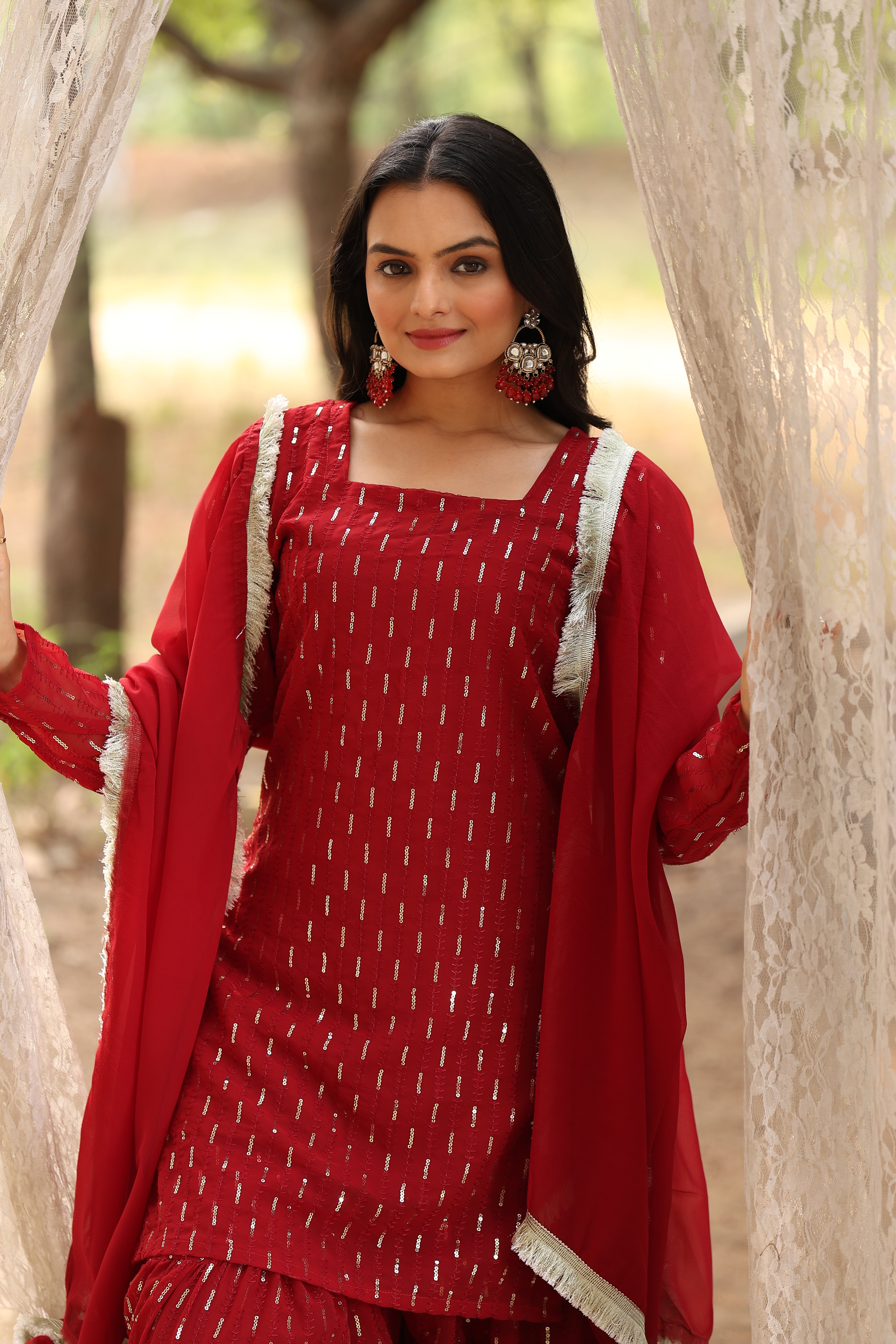 Georgette Maroon Sequince Embroidered Stitched sharara For women's