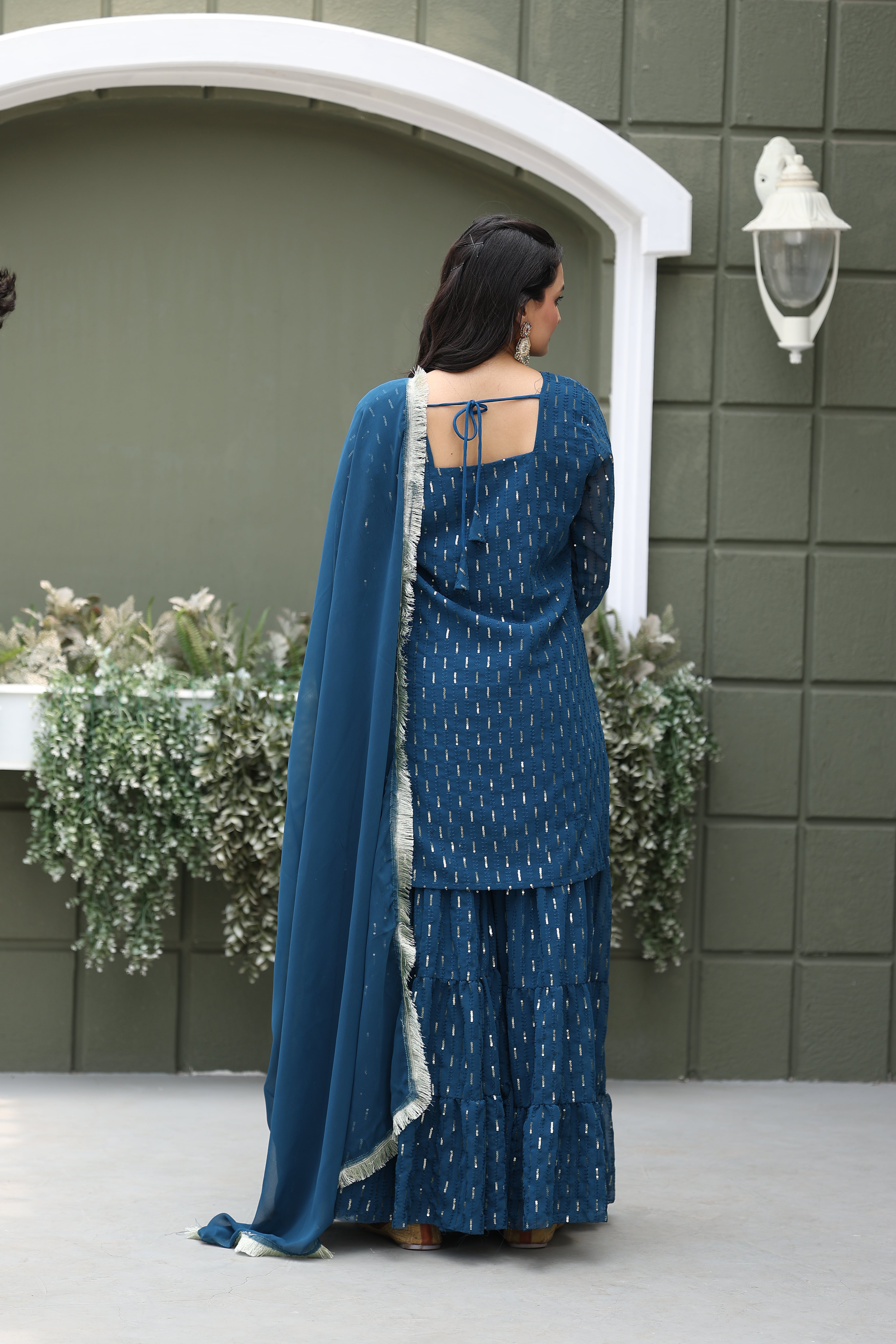 Georgette Teal Sequince Embroidered Stitched sharara For women's