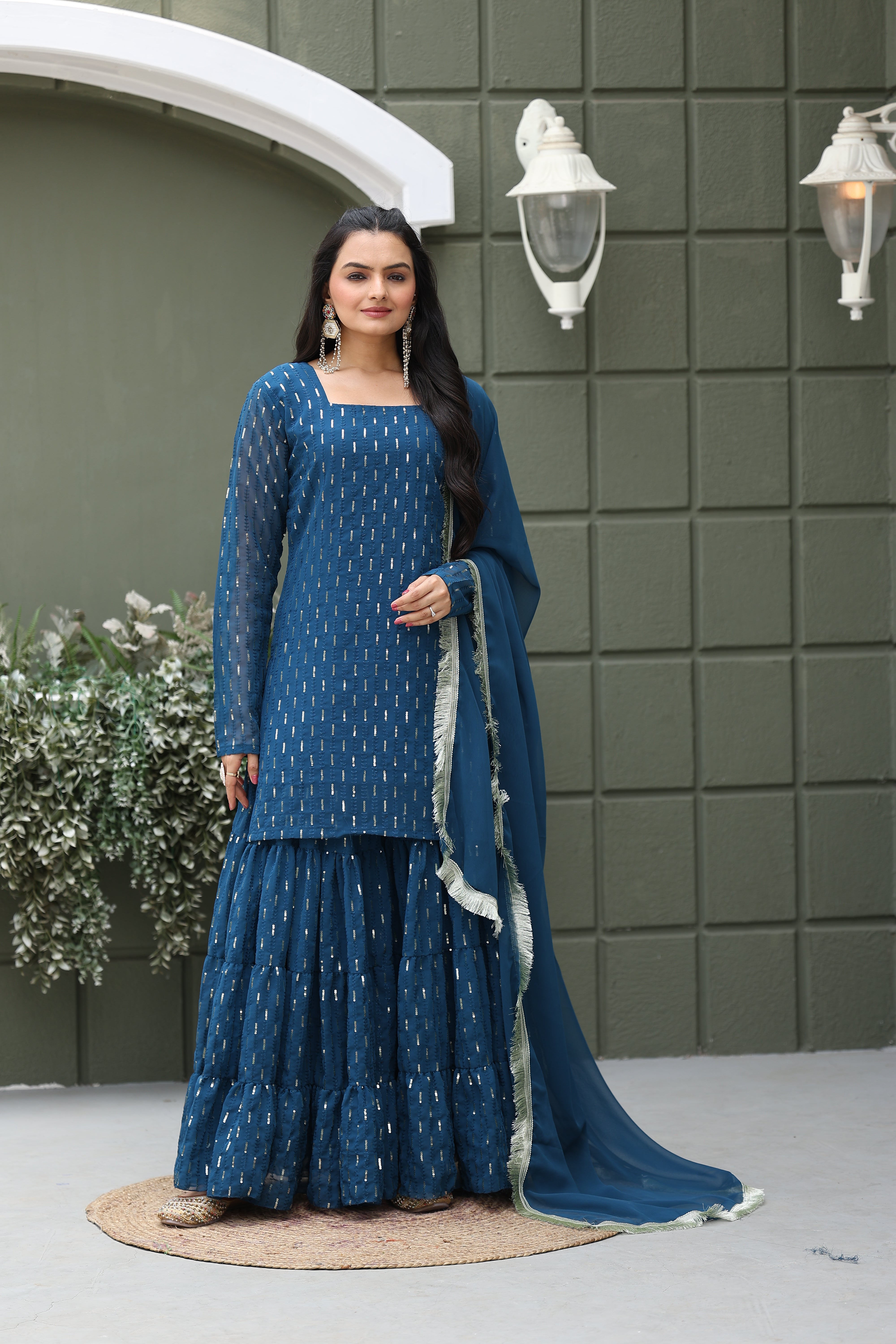 Georgette Teal Sequince Embroidered Stitched sharara For women's