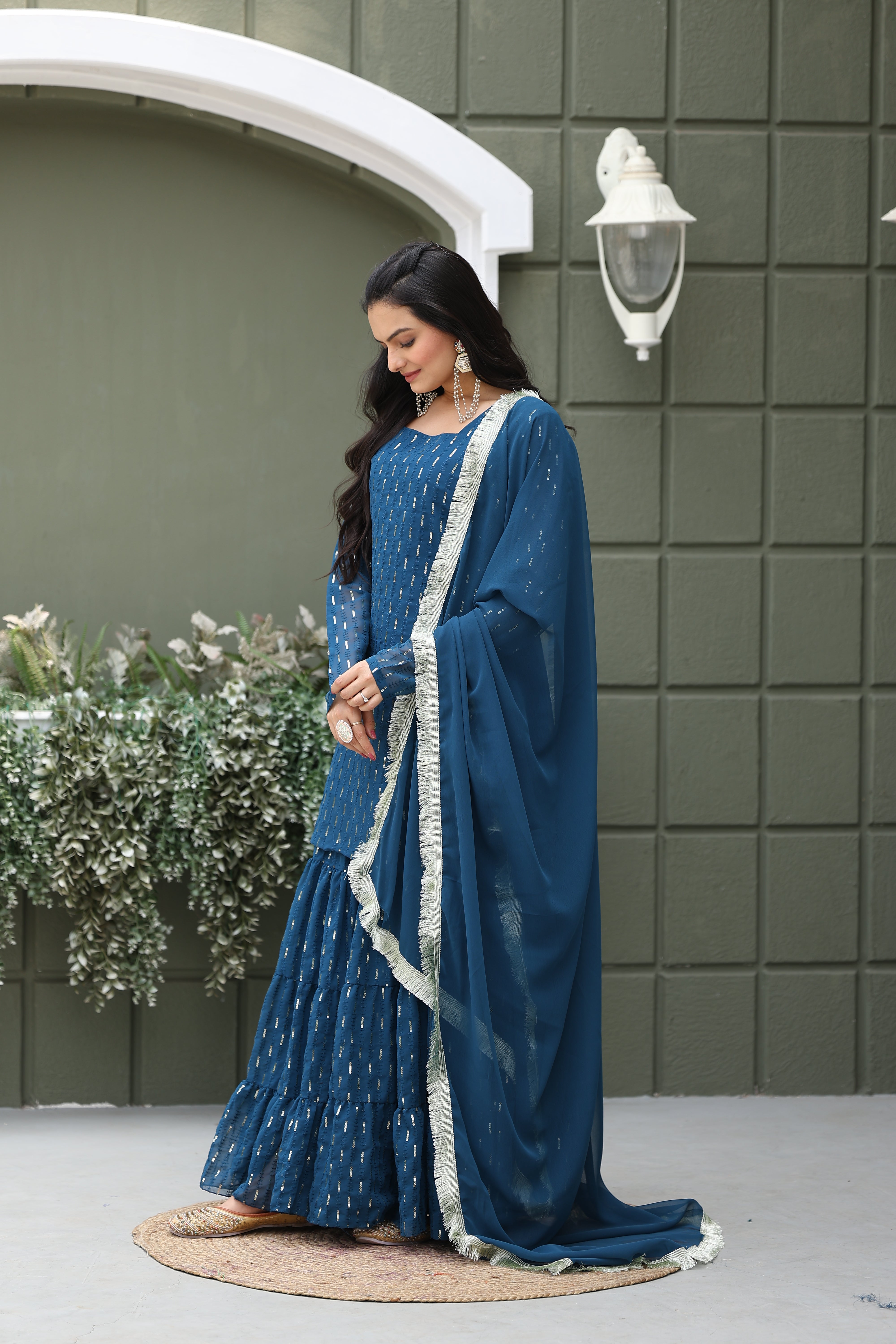Georgette Teal Sequince Embroidered Stitched sharara For women's