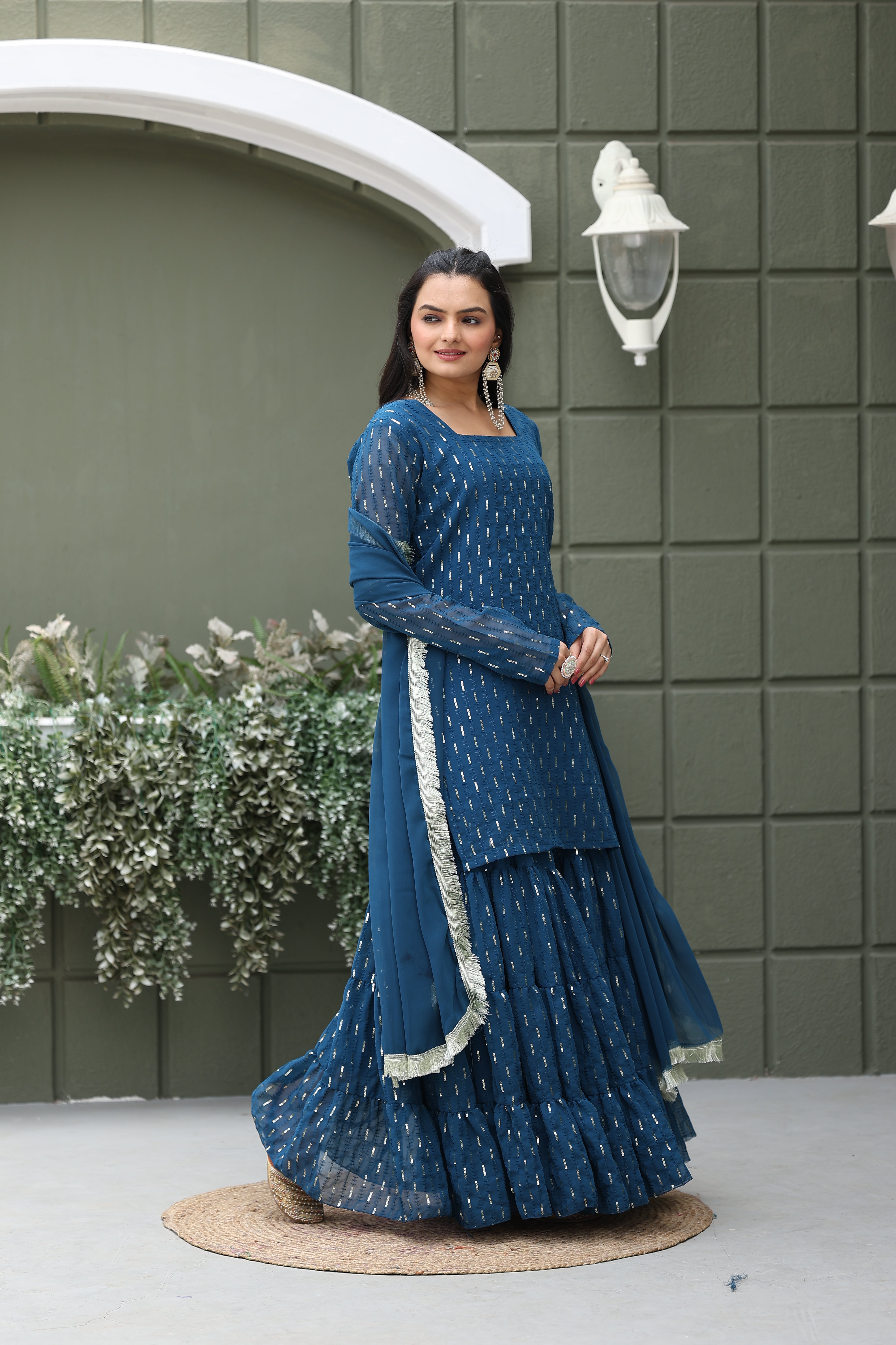 Georgette Teal Sequince Embroidered Stitched sharara For women's