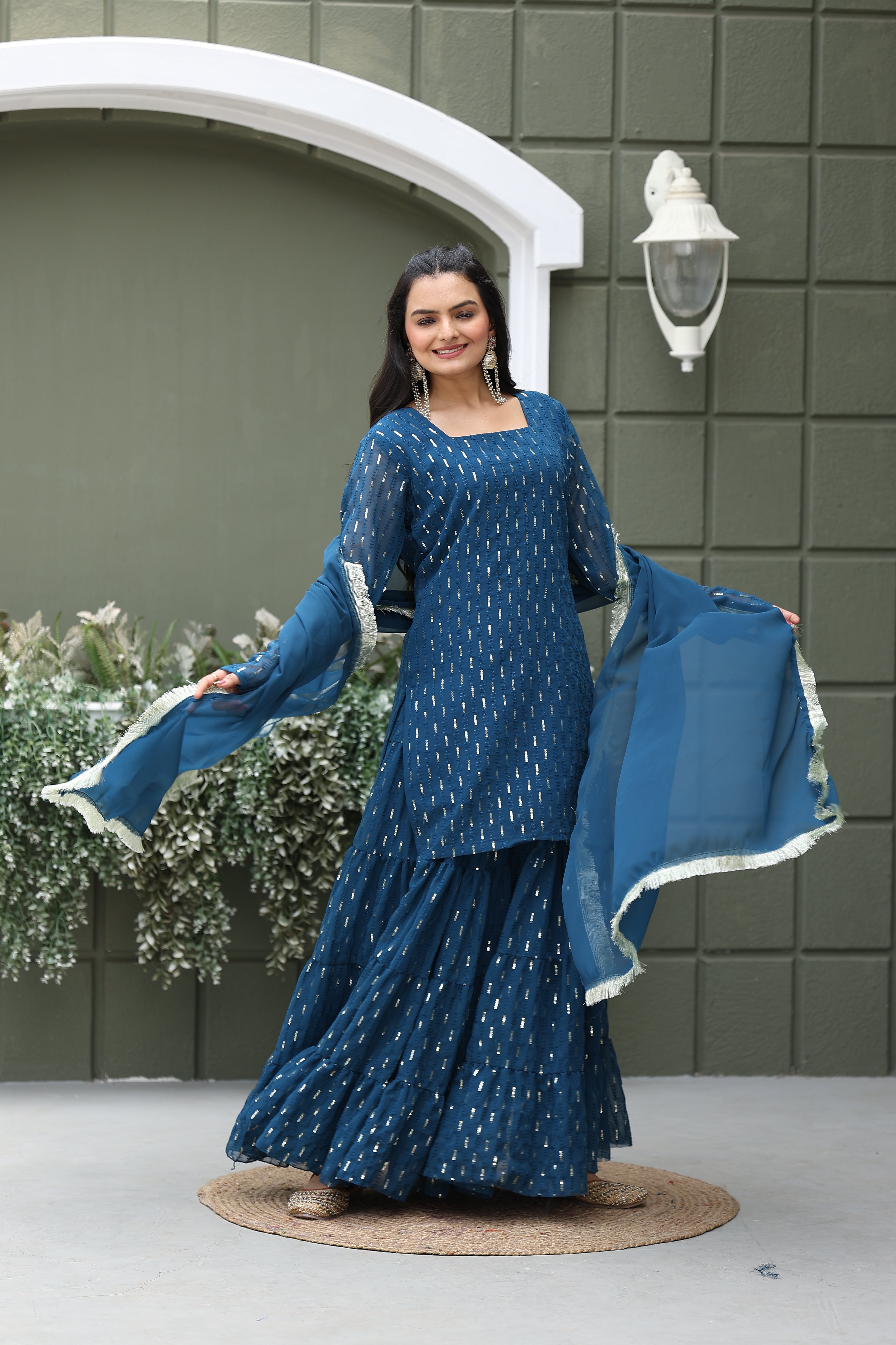 Georgette Teal Sequince Embroidered Stitched sharara For women's