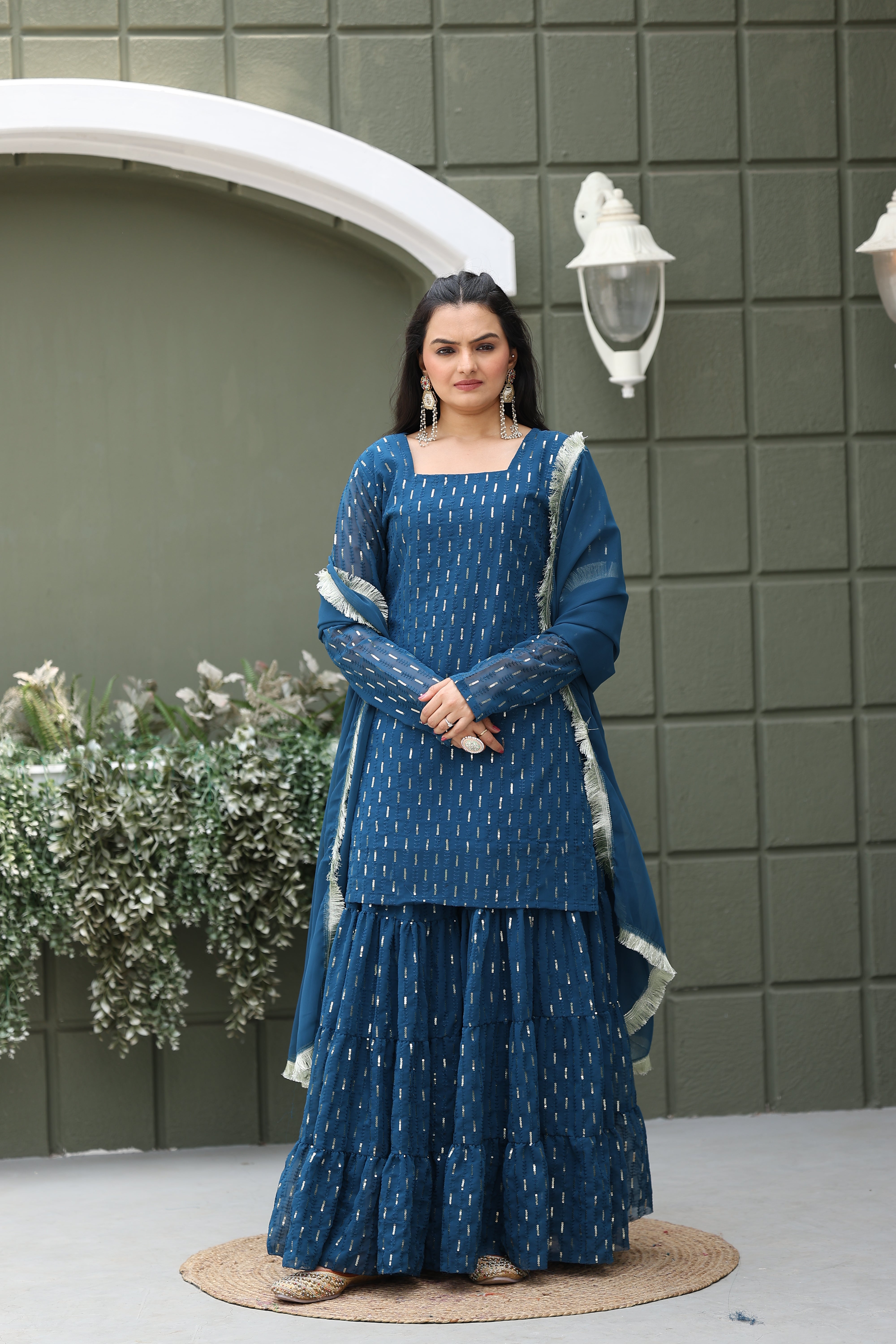 Georgette Teal Sequince Embroidered Stitched sharara For women's