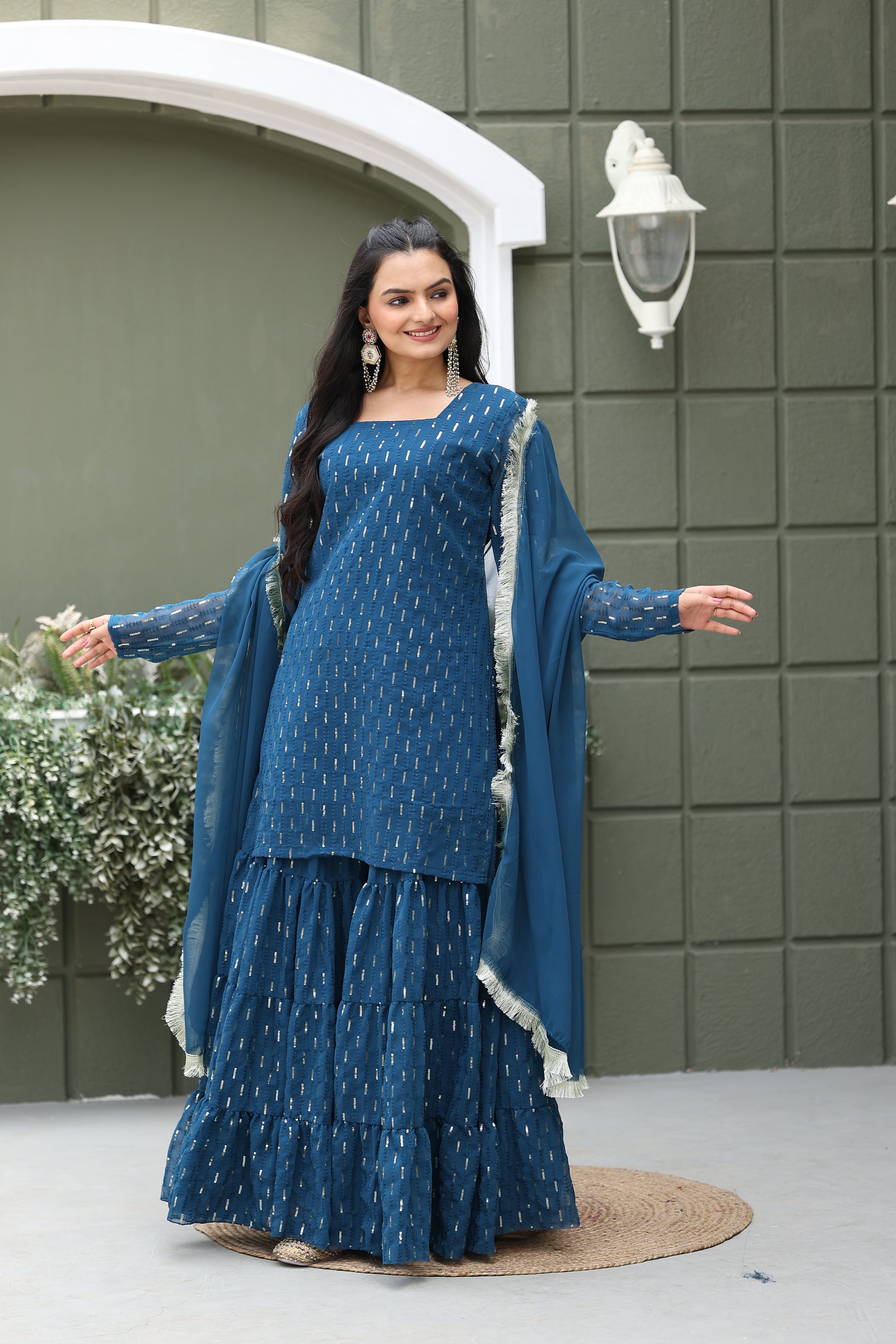 Georgette Teal Sequince Embroidered Stitched sharara For women's