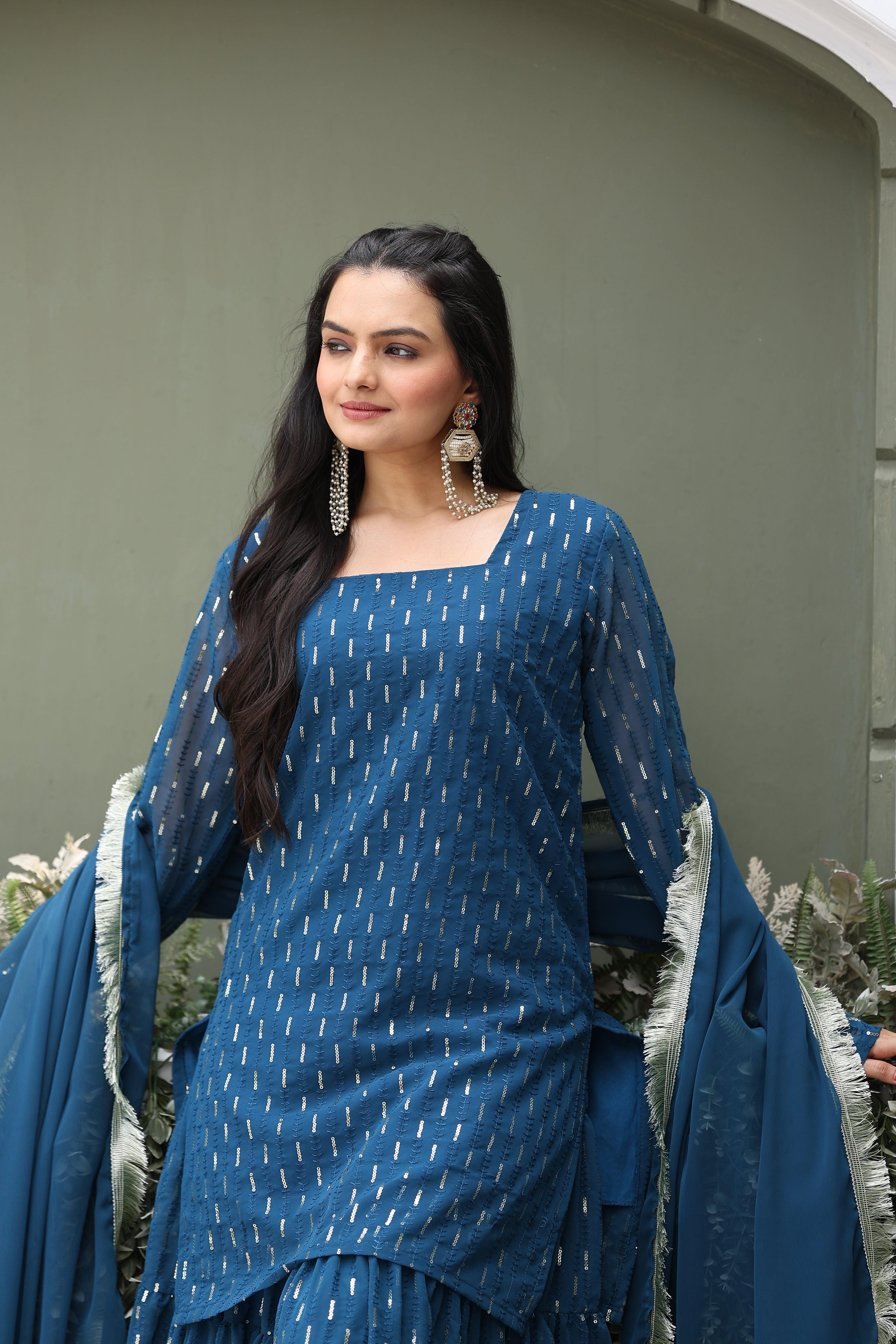 Georgette Teal Sequince Embroidered Stitched sharara For women's