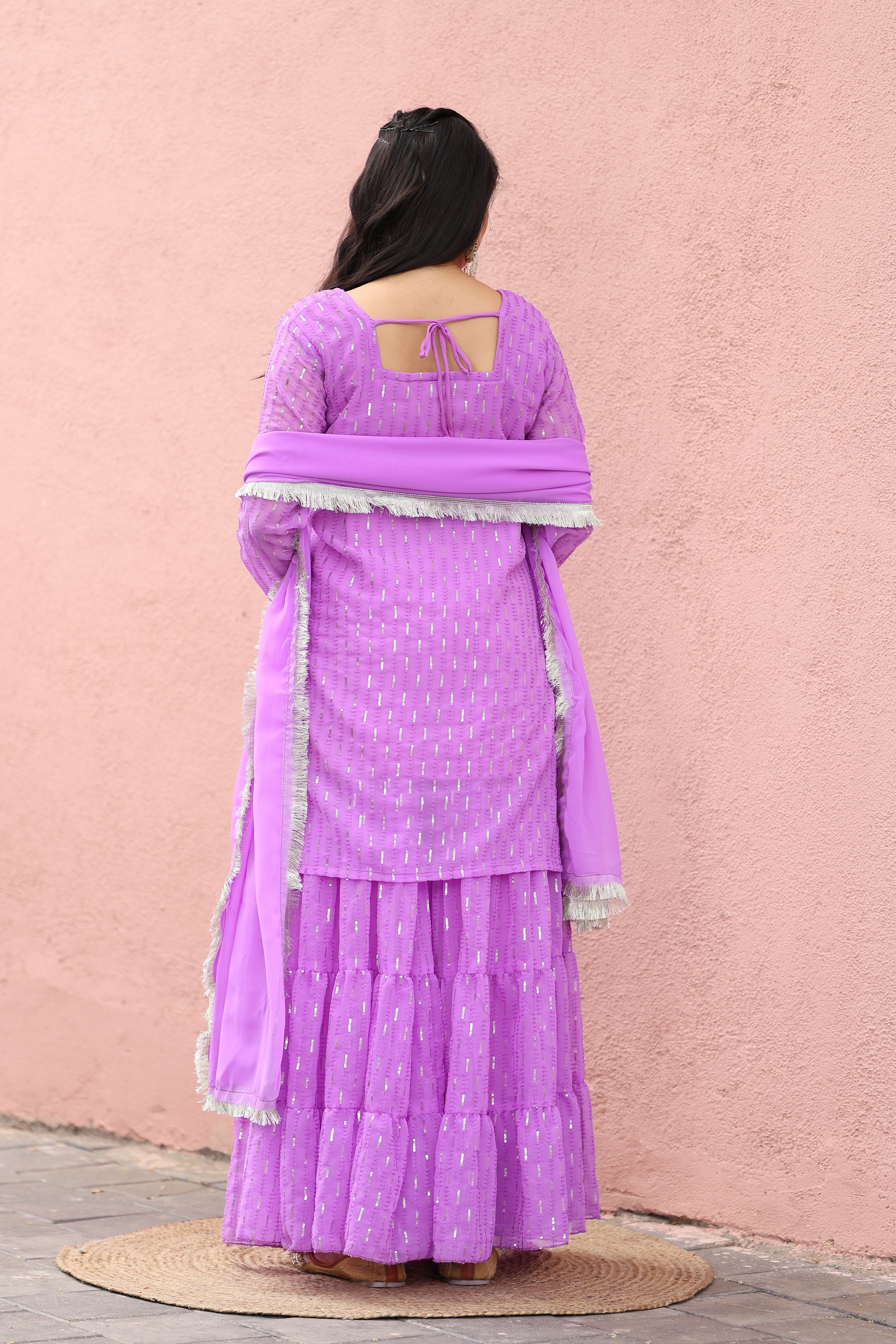 Georgette Lavender Sequince Embroidered Stitched sharara For women's