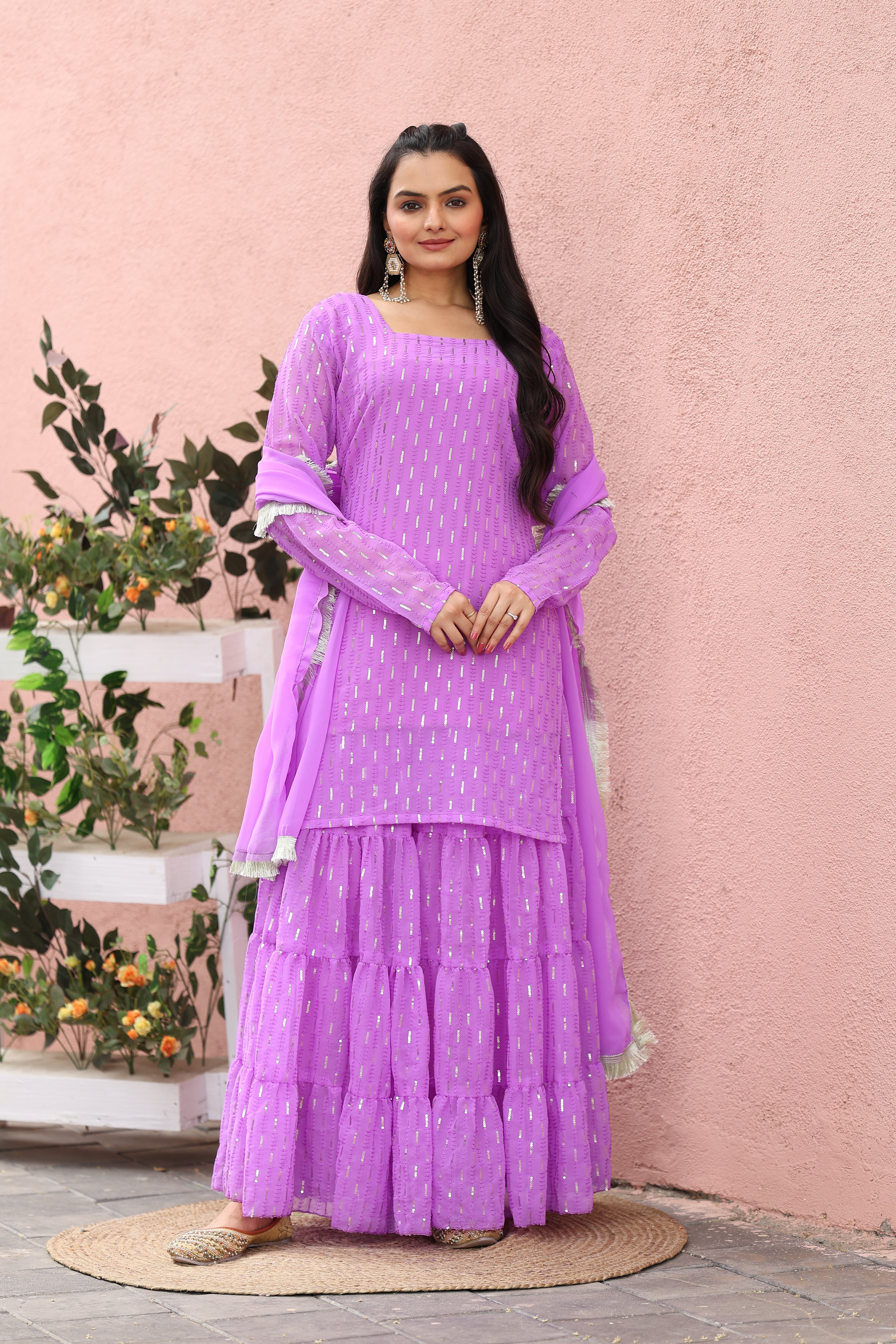 Georgette Lavender Sequince Embroidered Stitched sharara For women's