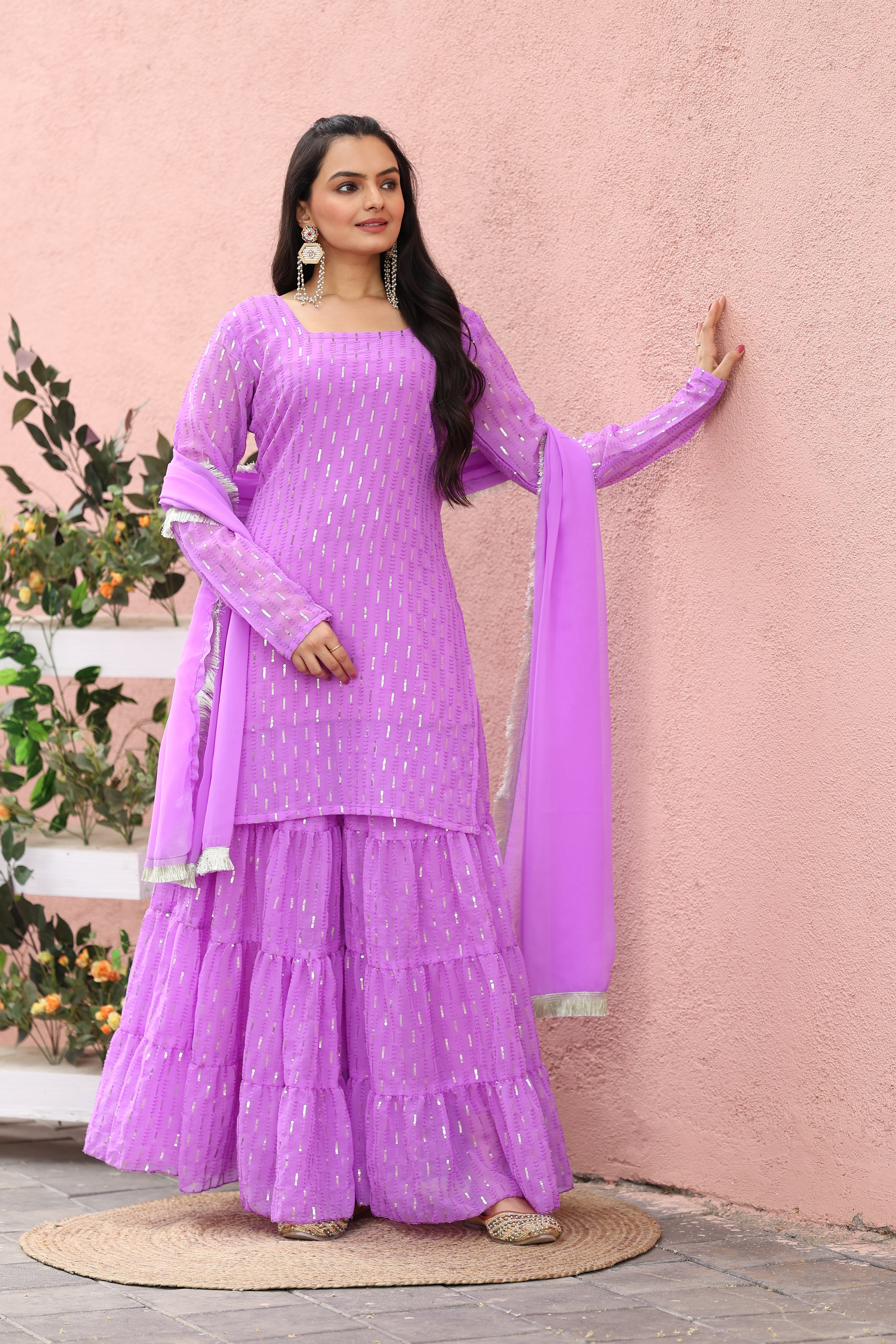 Georgette Lavender Sequince Embroidered Stitched sharara For women's