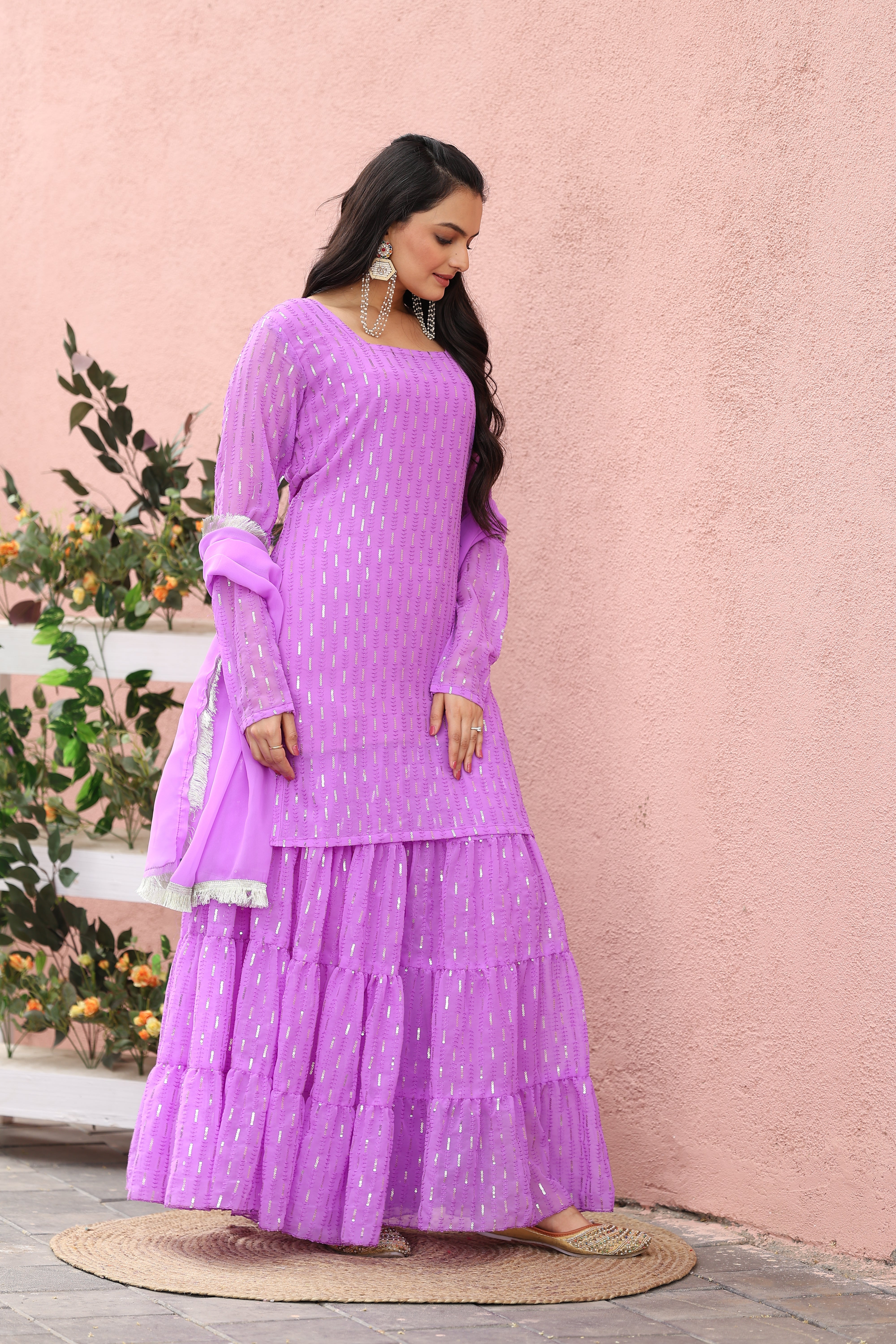 Georgette Lavender Sequince Embroidered Stitched sharara For women's