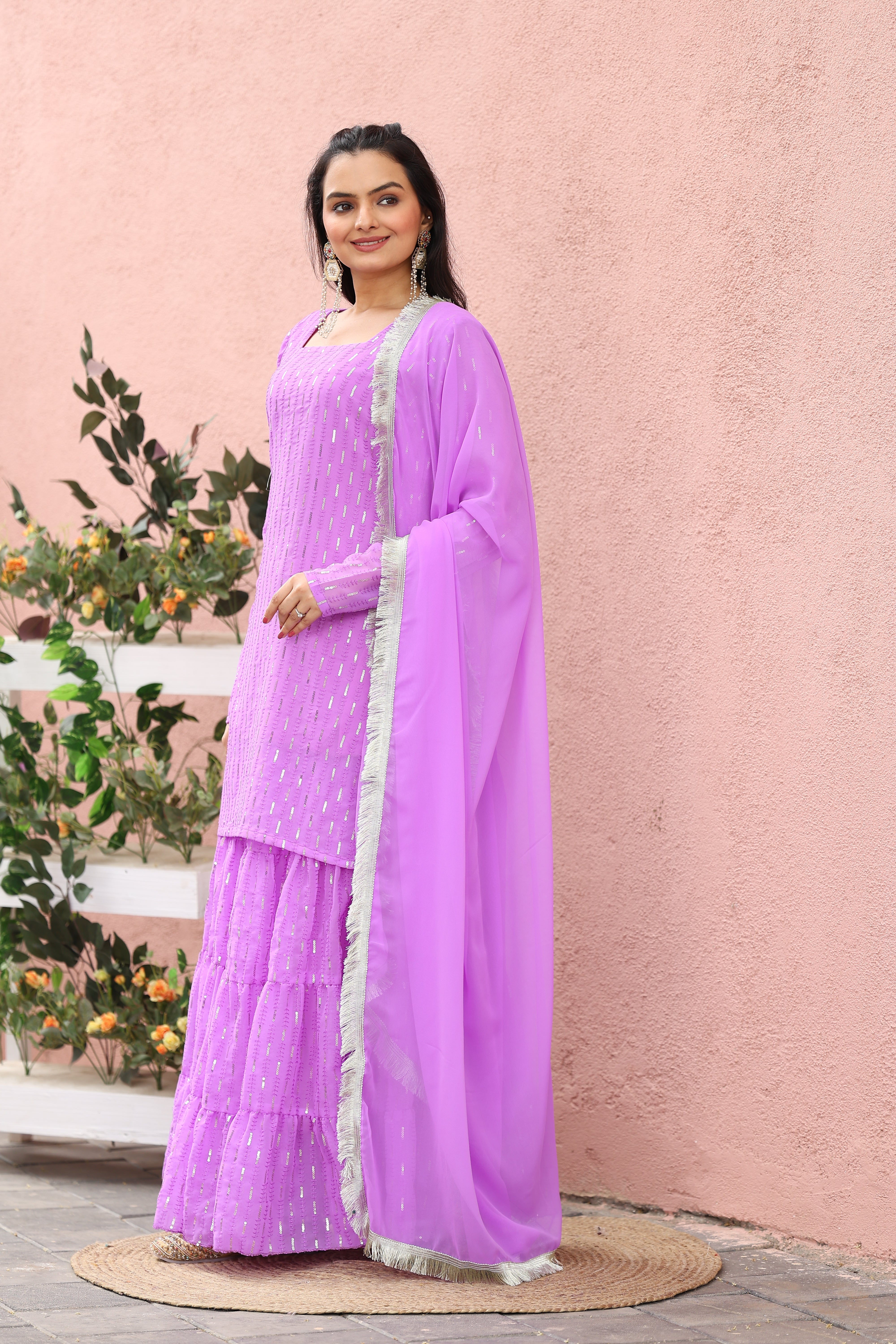 Georgette Lavender Sequince Embroidered Stitched sharara For women's