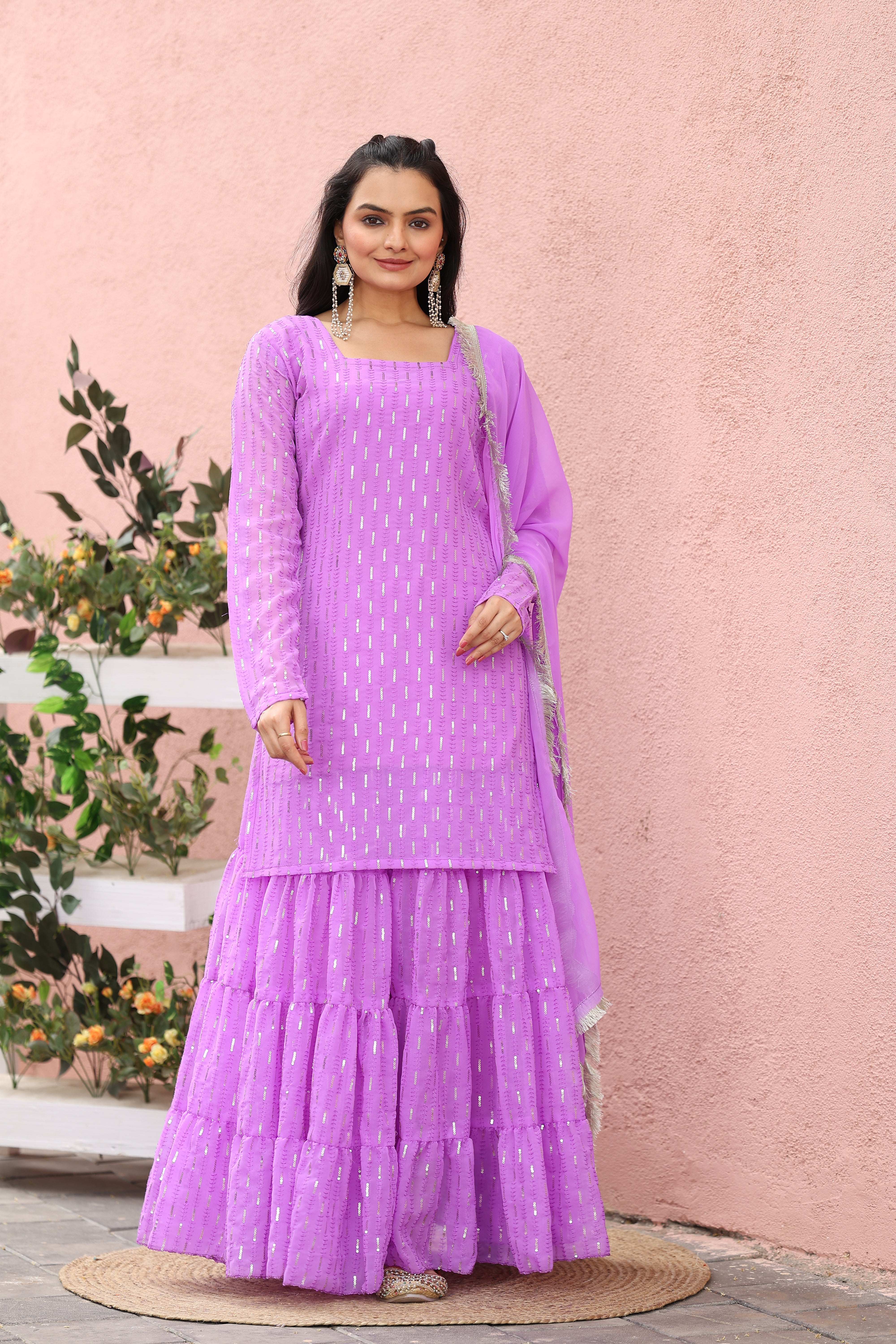 Georgette Lavender Sequince Embroidered Stitched sharara For women's