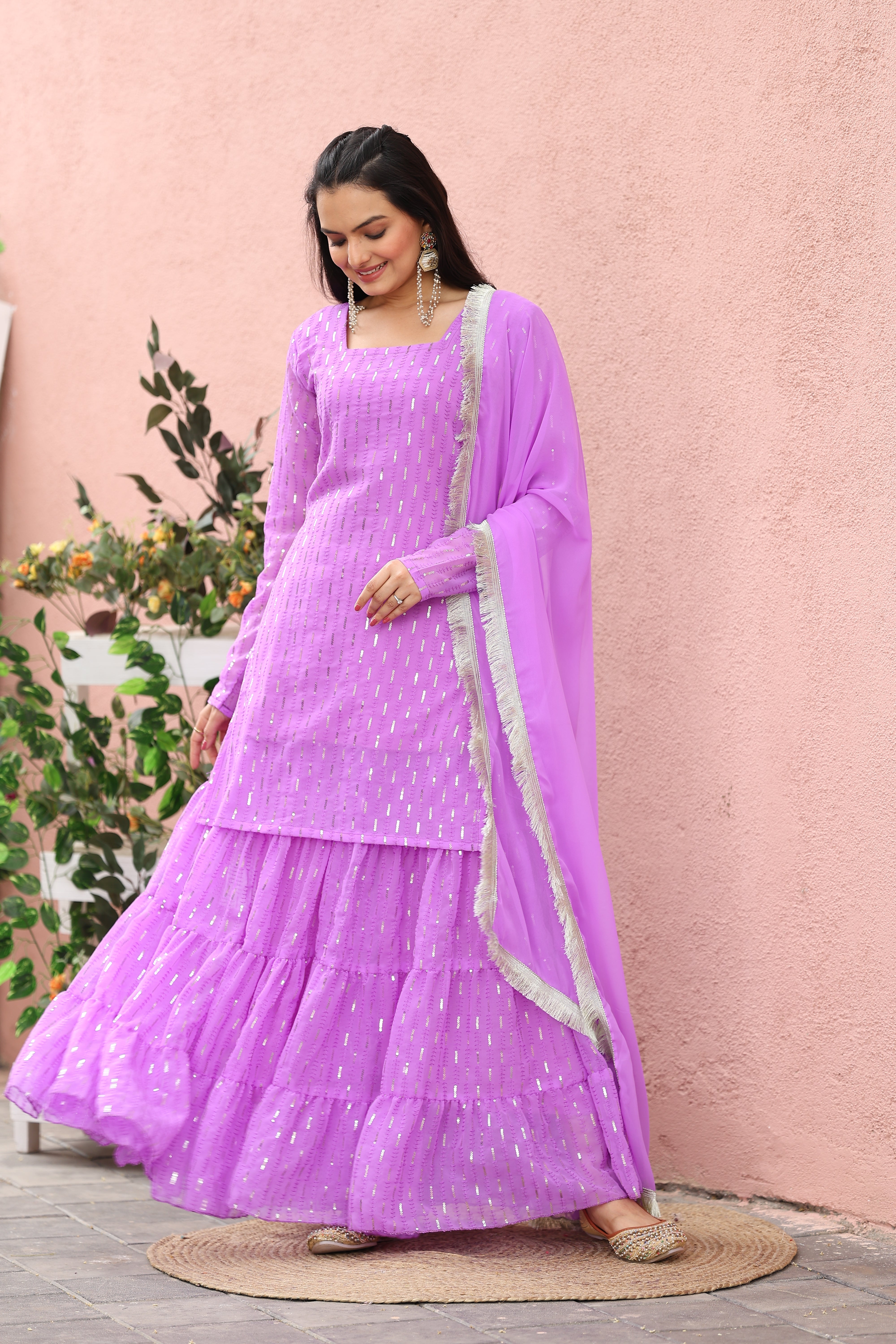 Georgette Lavender Sequince Embroidered Stitched sharara For women's