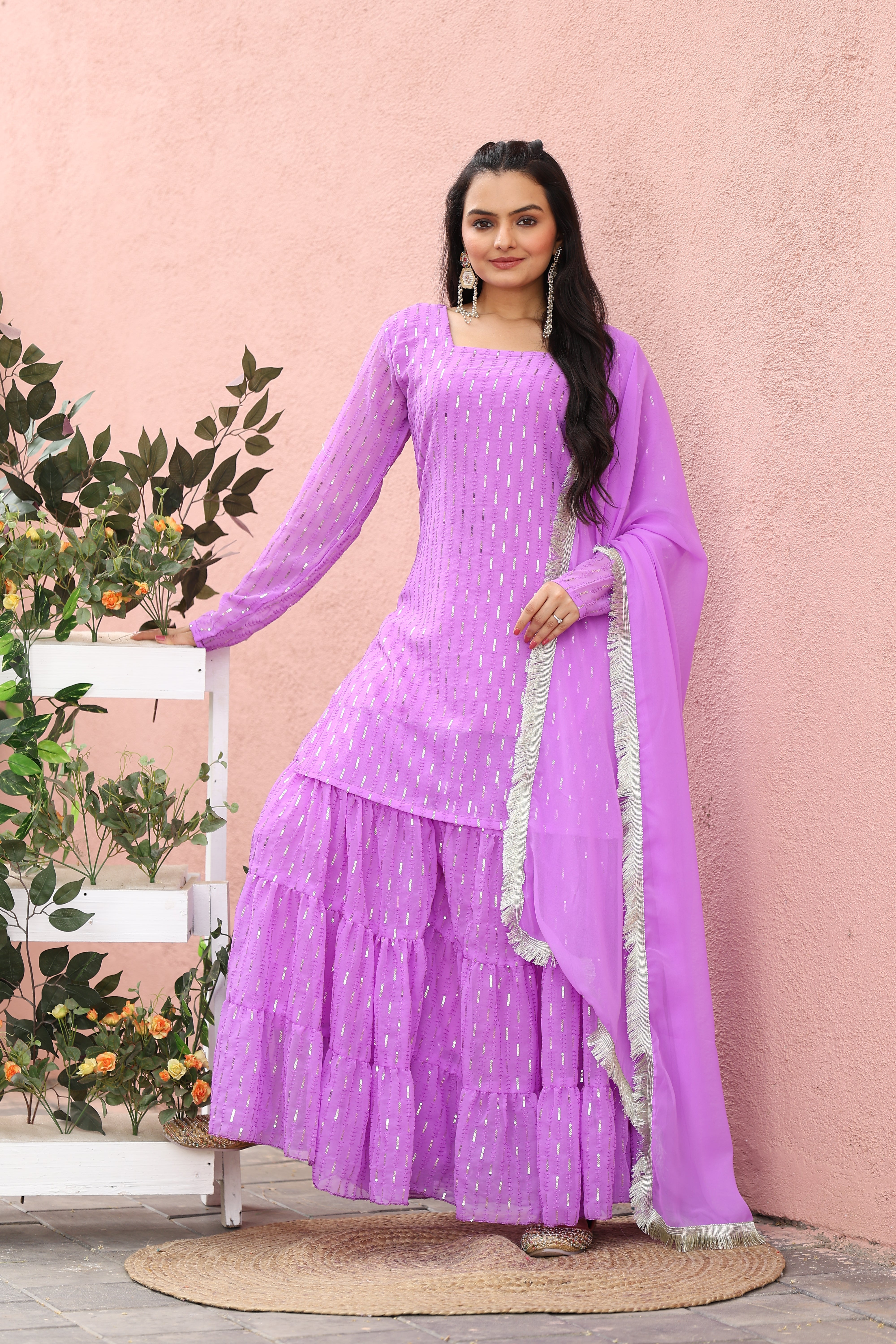 Georgette Lavender Sequince Embroidered Stitched sharara For women's
