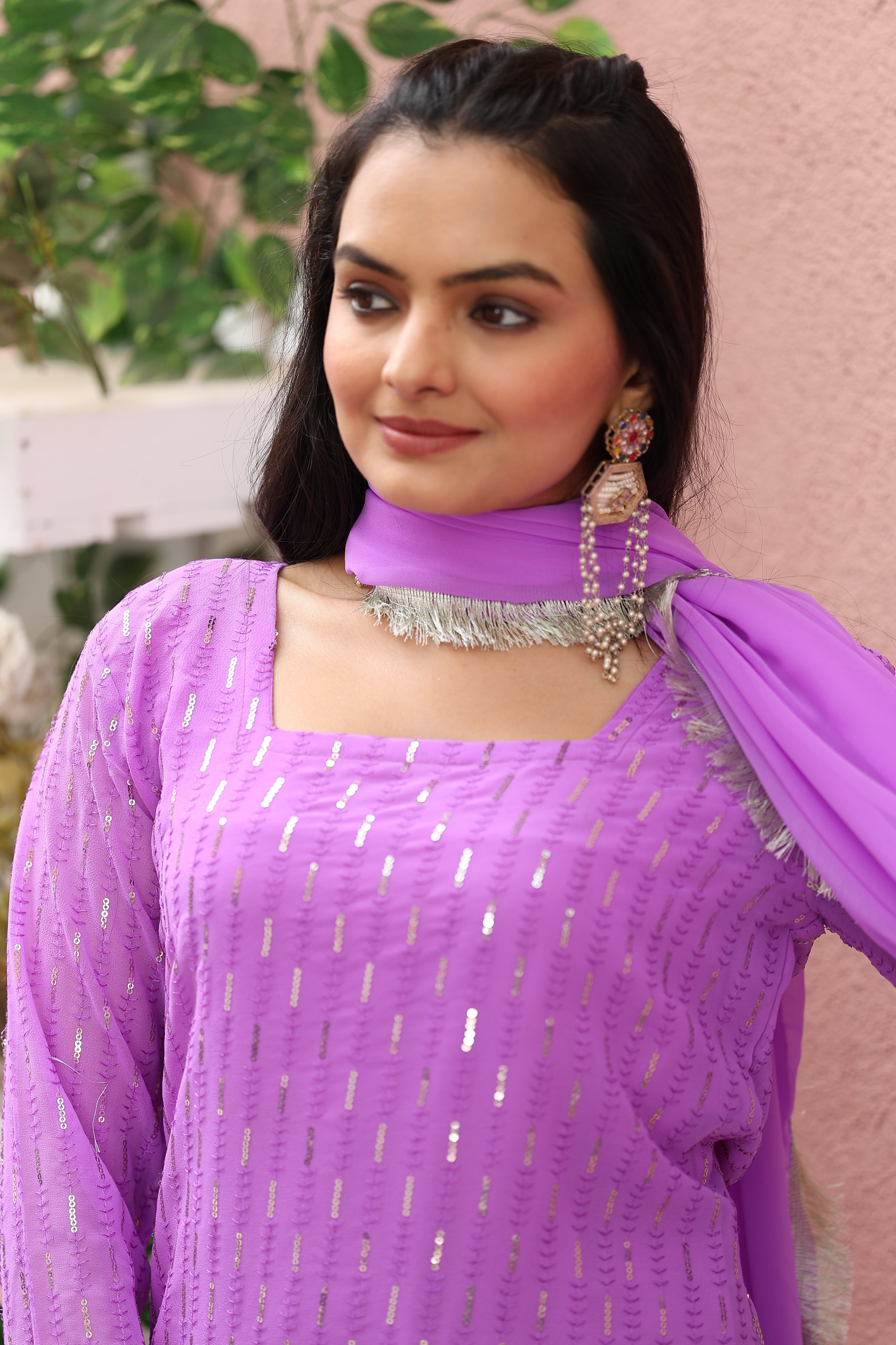 Georgette Lavender Sequince Embroidered Stitched sharara For women's