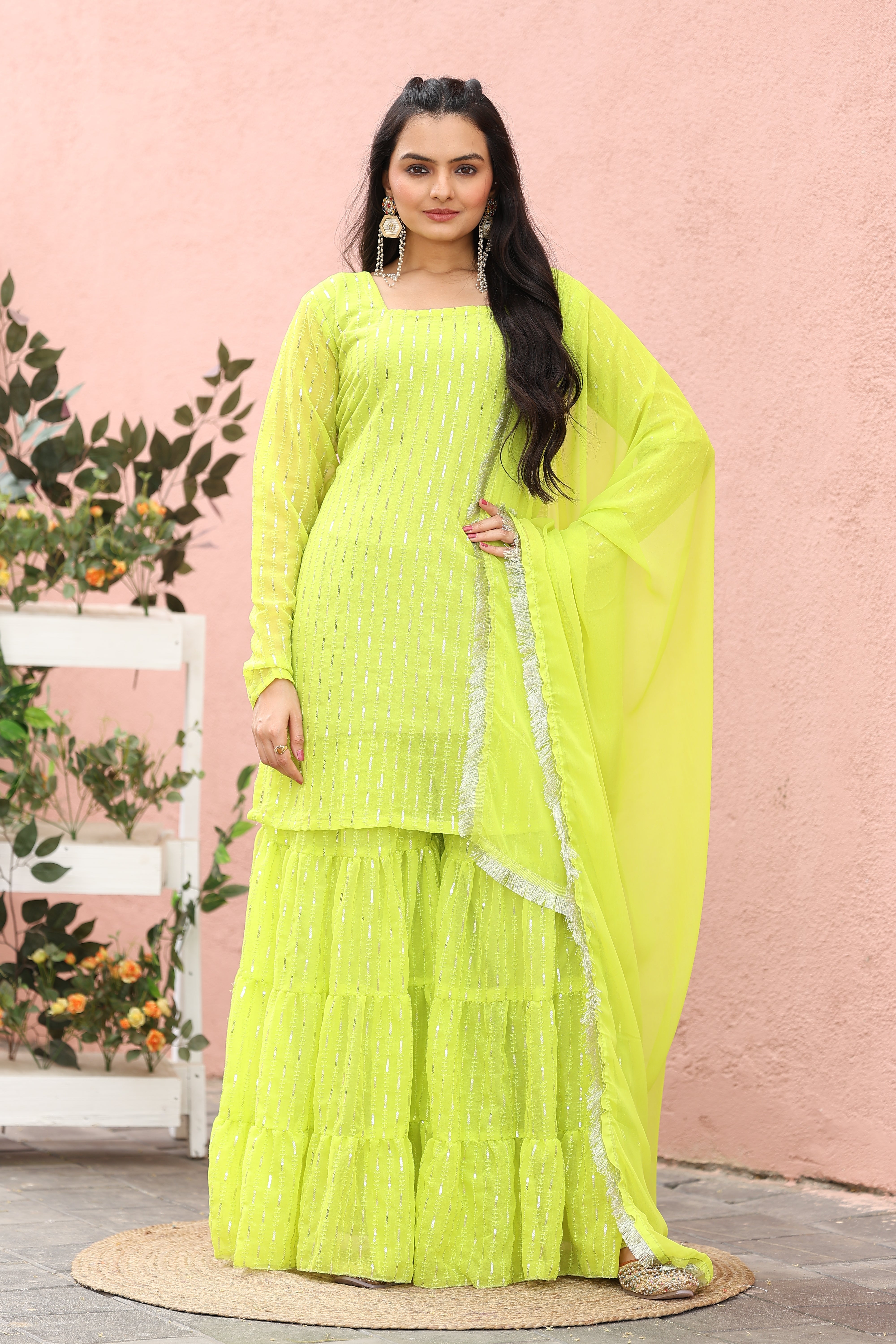 Georgette Lime green Sequince Embroidered Stitched sharara For women's