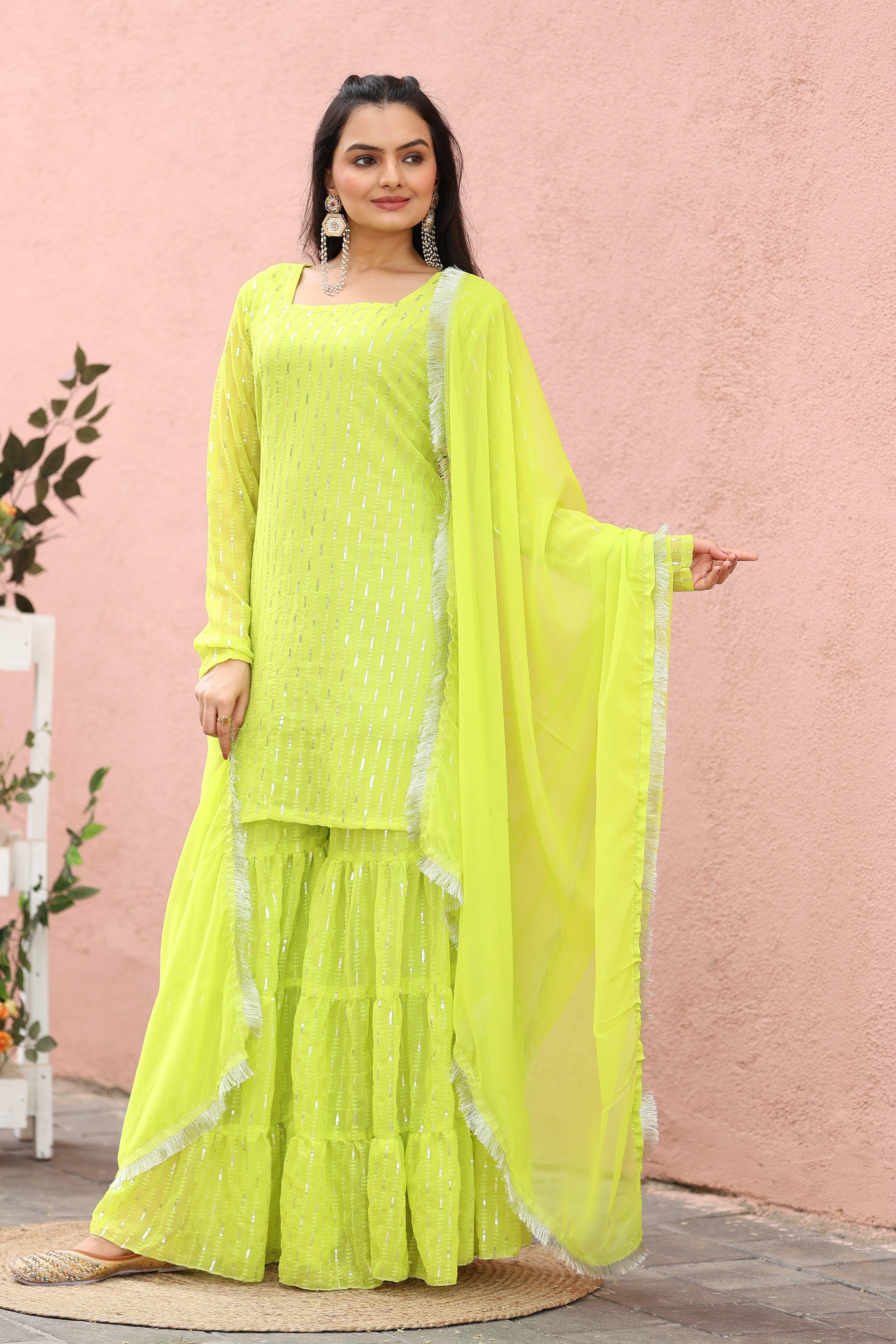 Georgette Lime green Sequince Embroidered Stitched sharara For women's