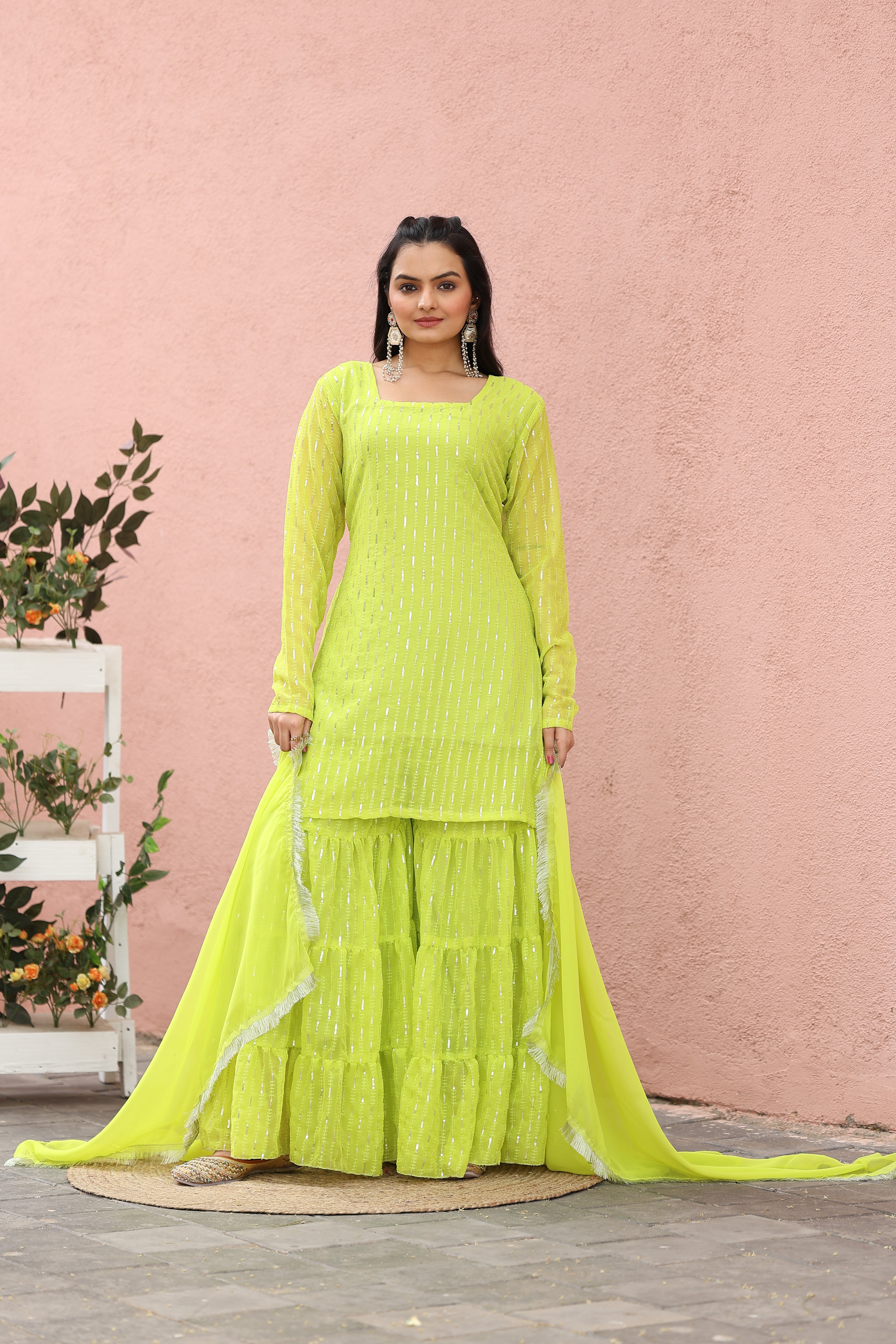 Georgette Lime green Sequince Embroidered Stitched sharara For women's