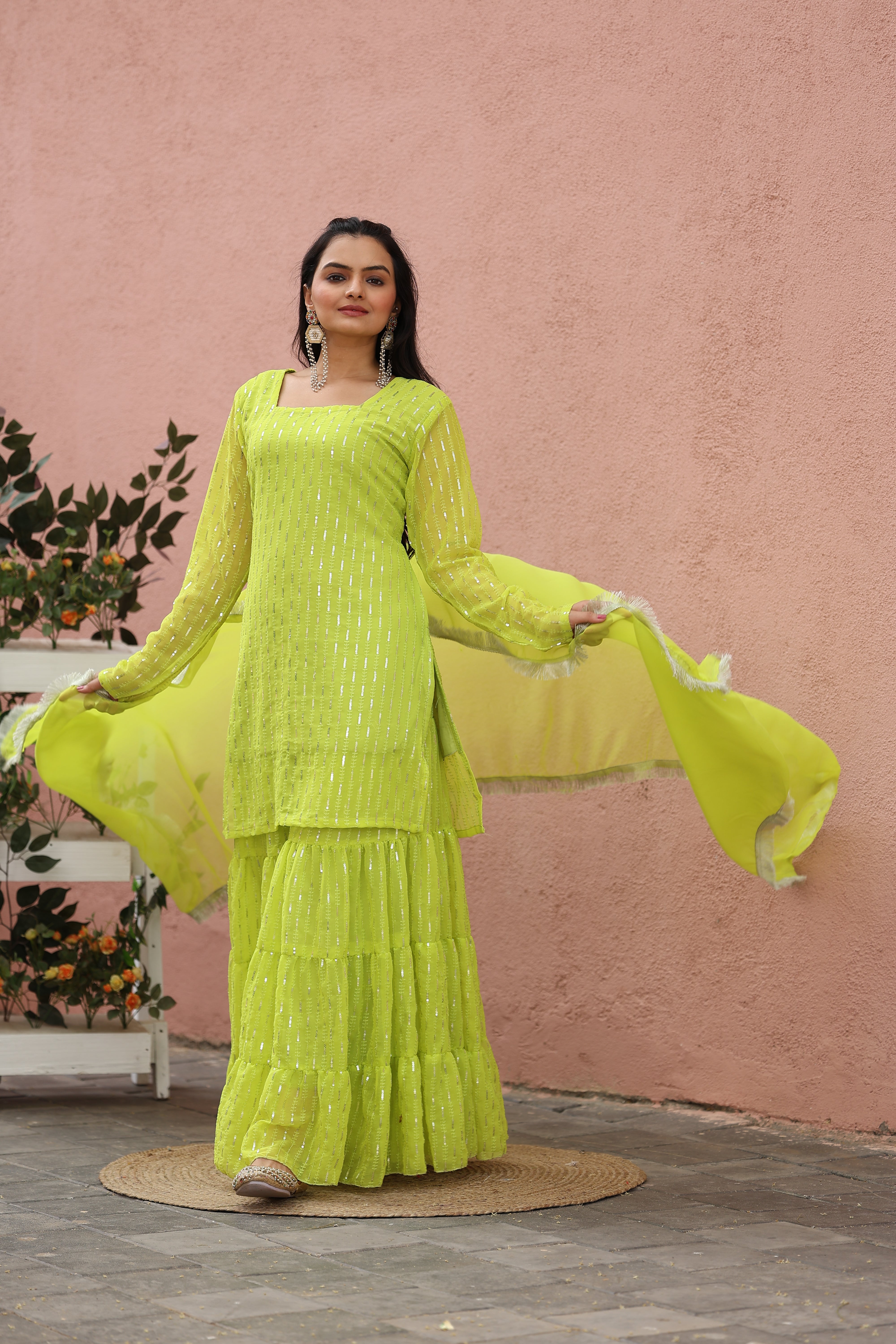 Georgette Lime green Sequince Embroidered Stitched sharara For women's