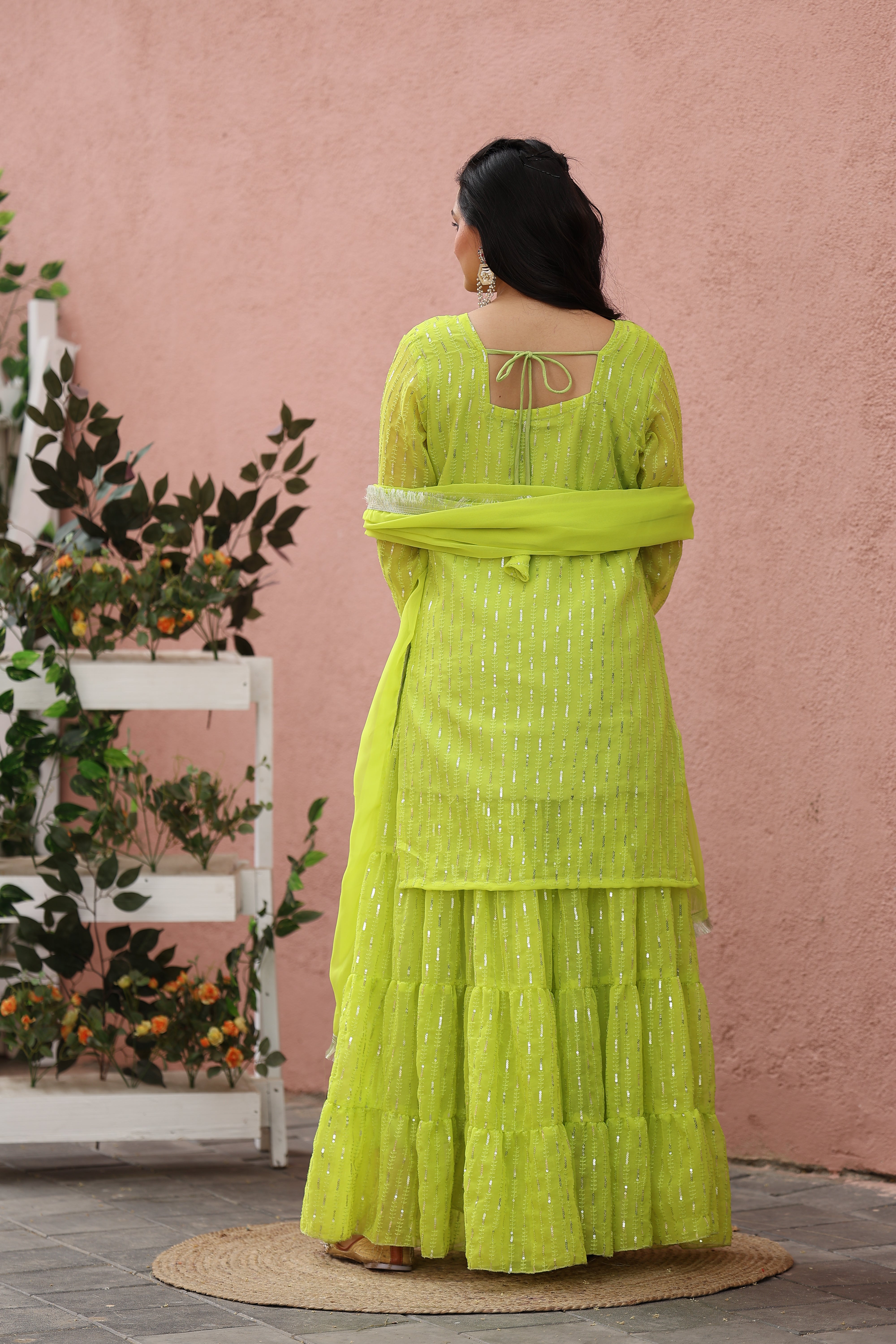 Georgette Lime green Sequince Embroidered Stitched sharara For women's