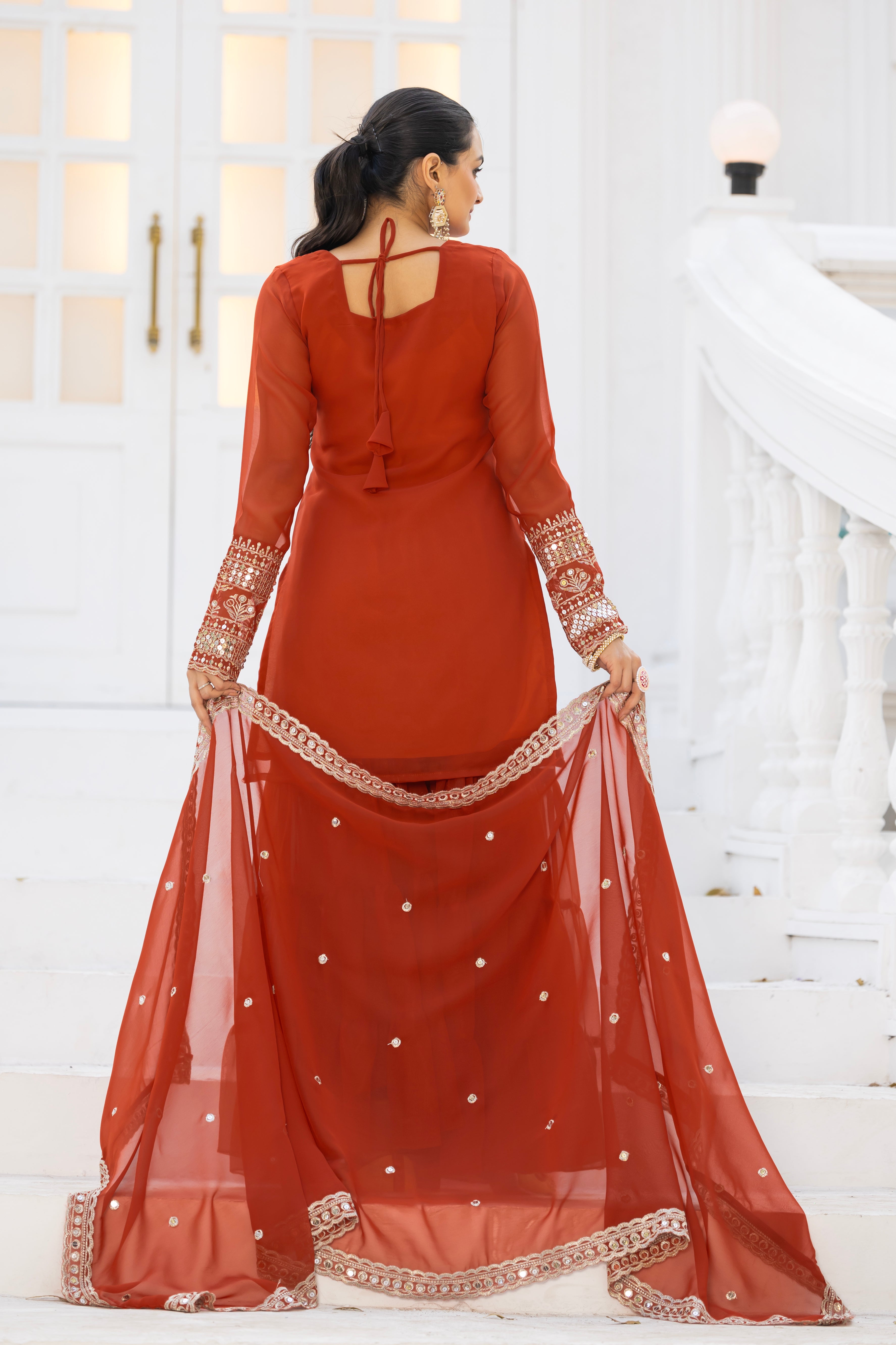 Georgette Rust Embroidered Stitched sharara suit for women's