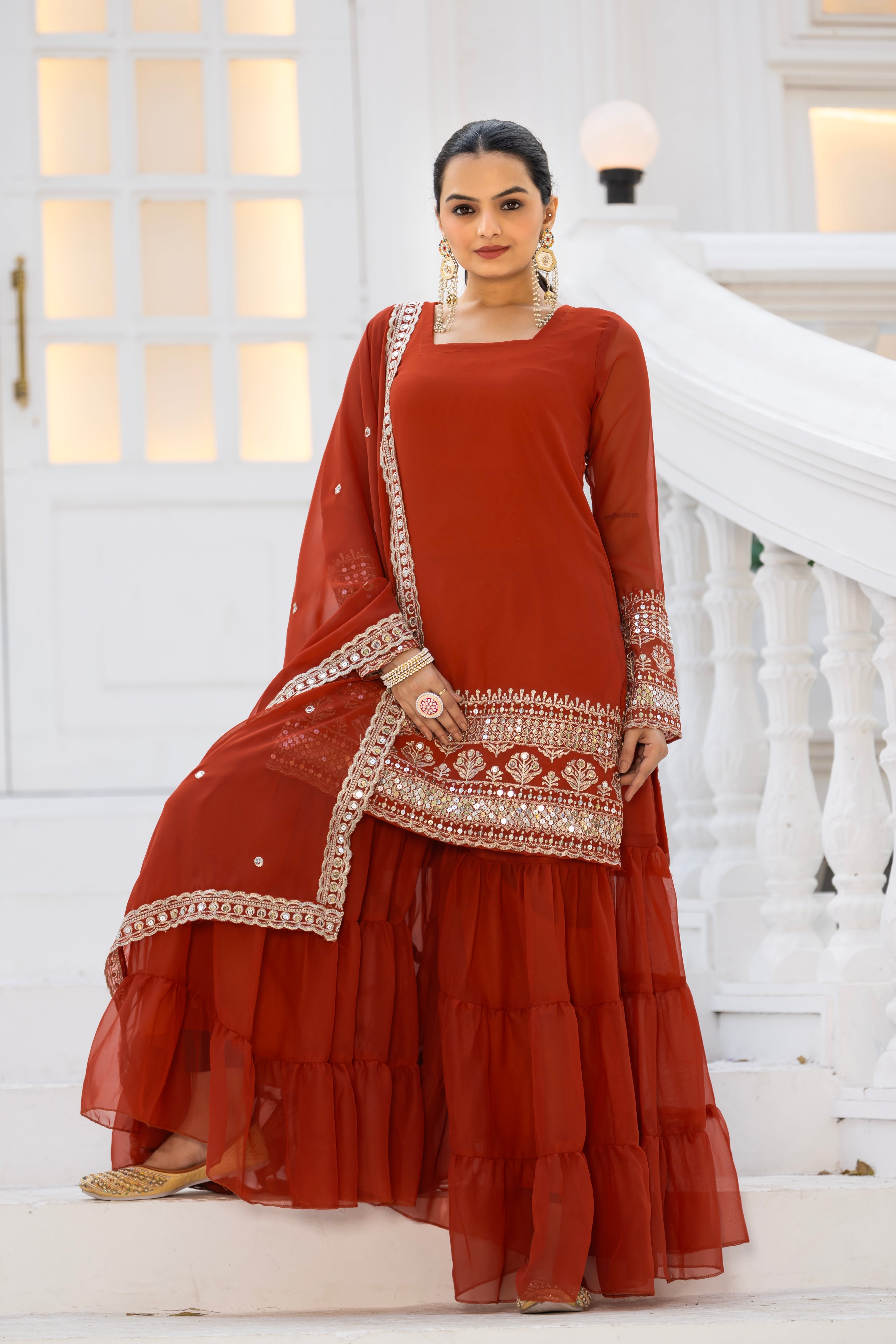 Georgette Rust Embroidered Stitched sharara suit for women's