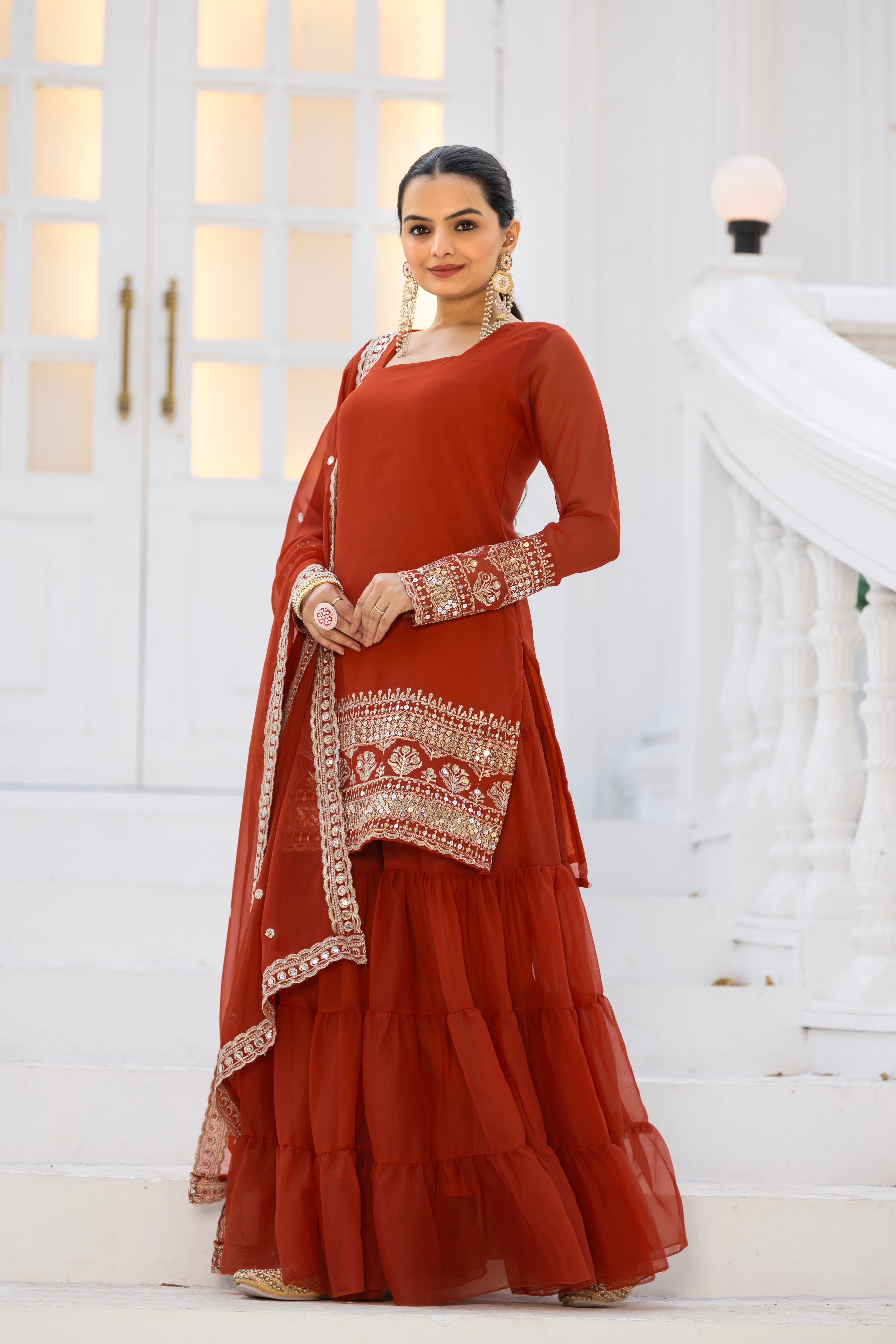 Georgette Rust Embroidered Stitched sharara suit for women's