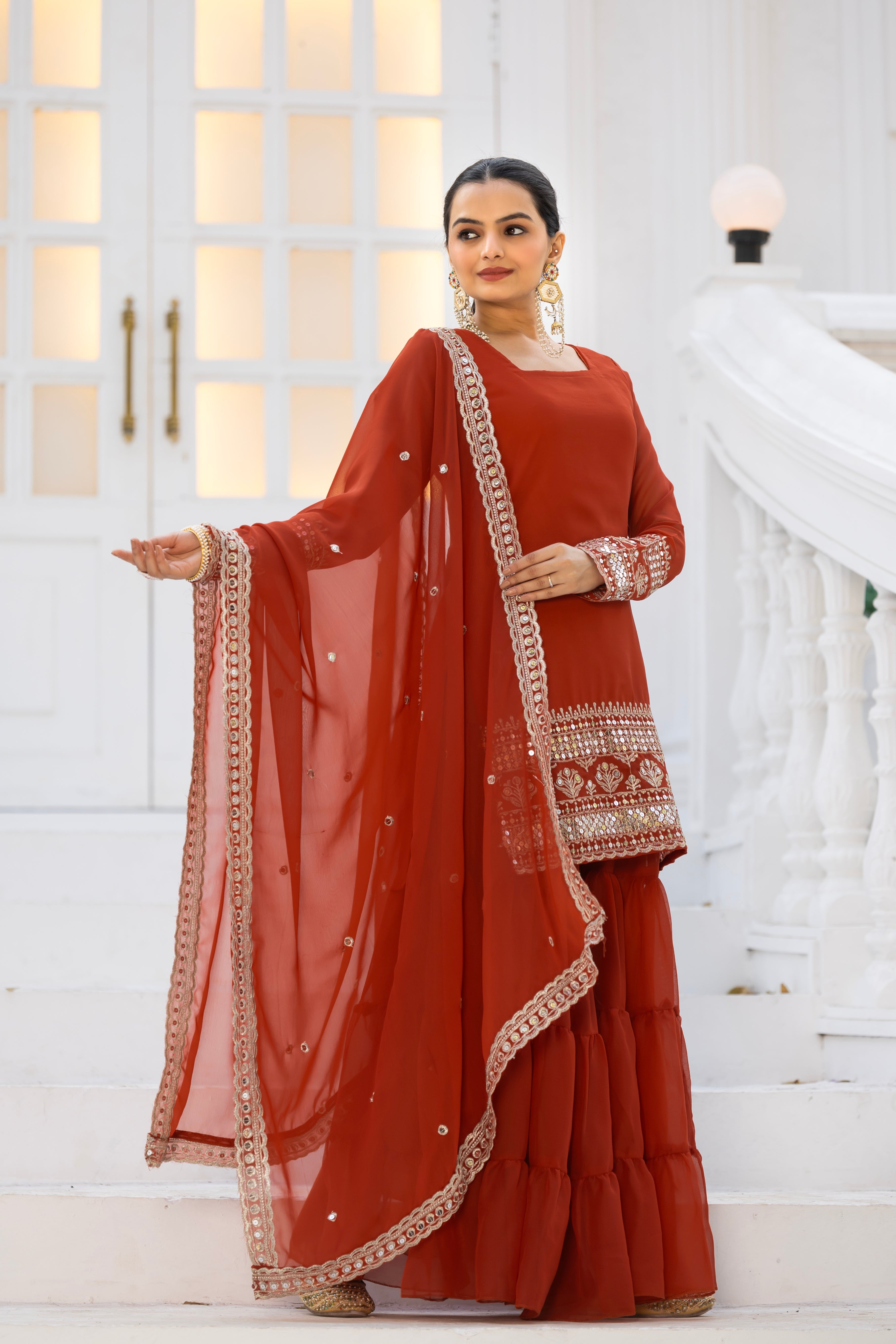 Georgette Rust Embroidered Stitched sharara suit for women's