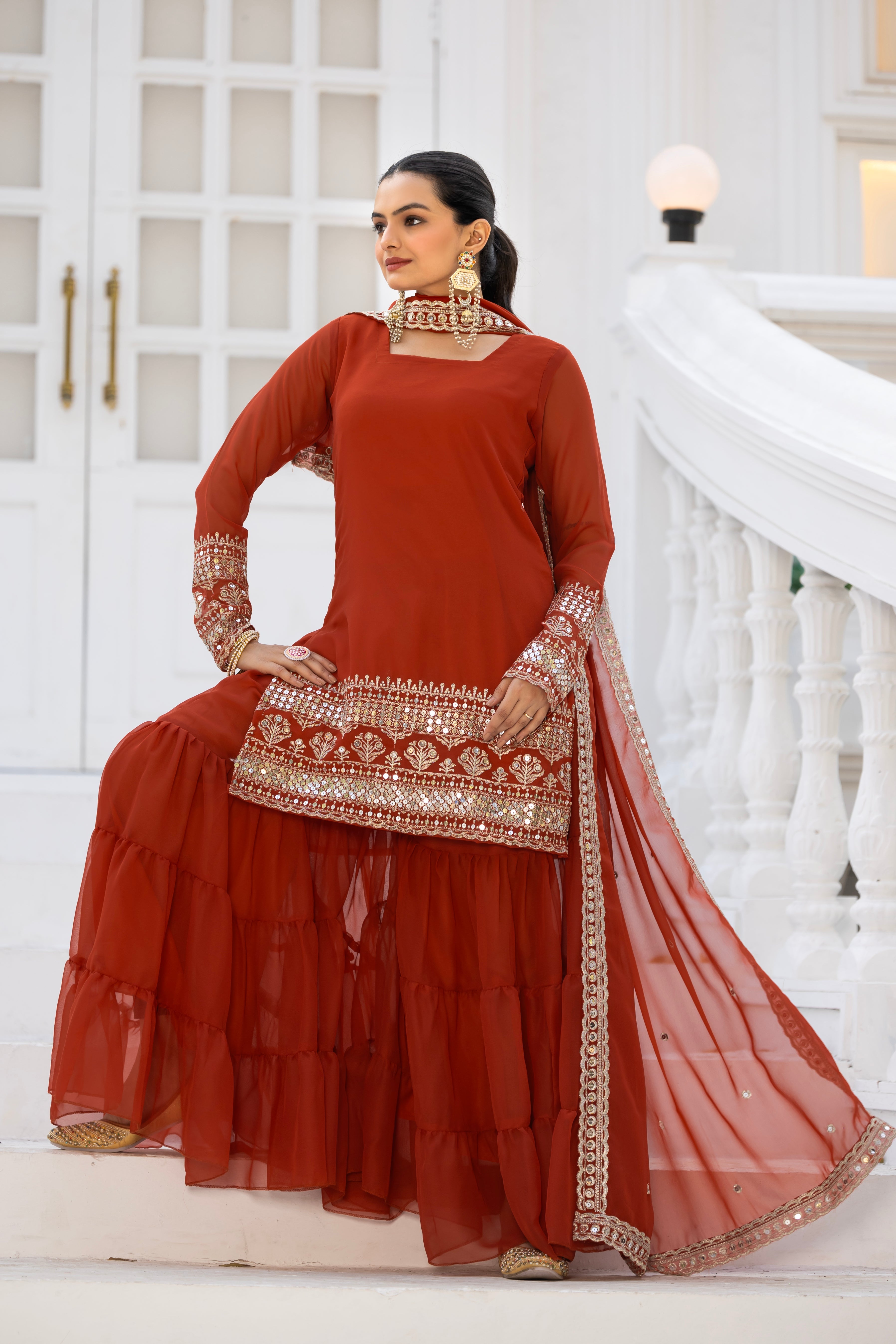 Georgette Rust Embroidered Stitched sharara suit for women's