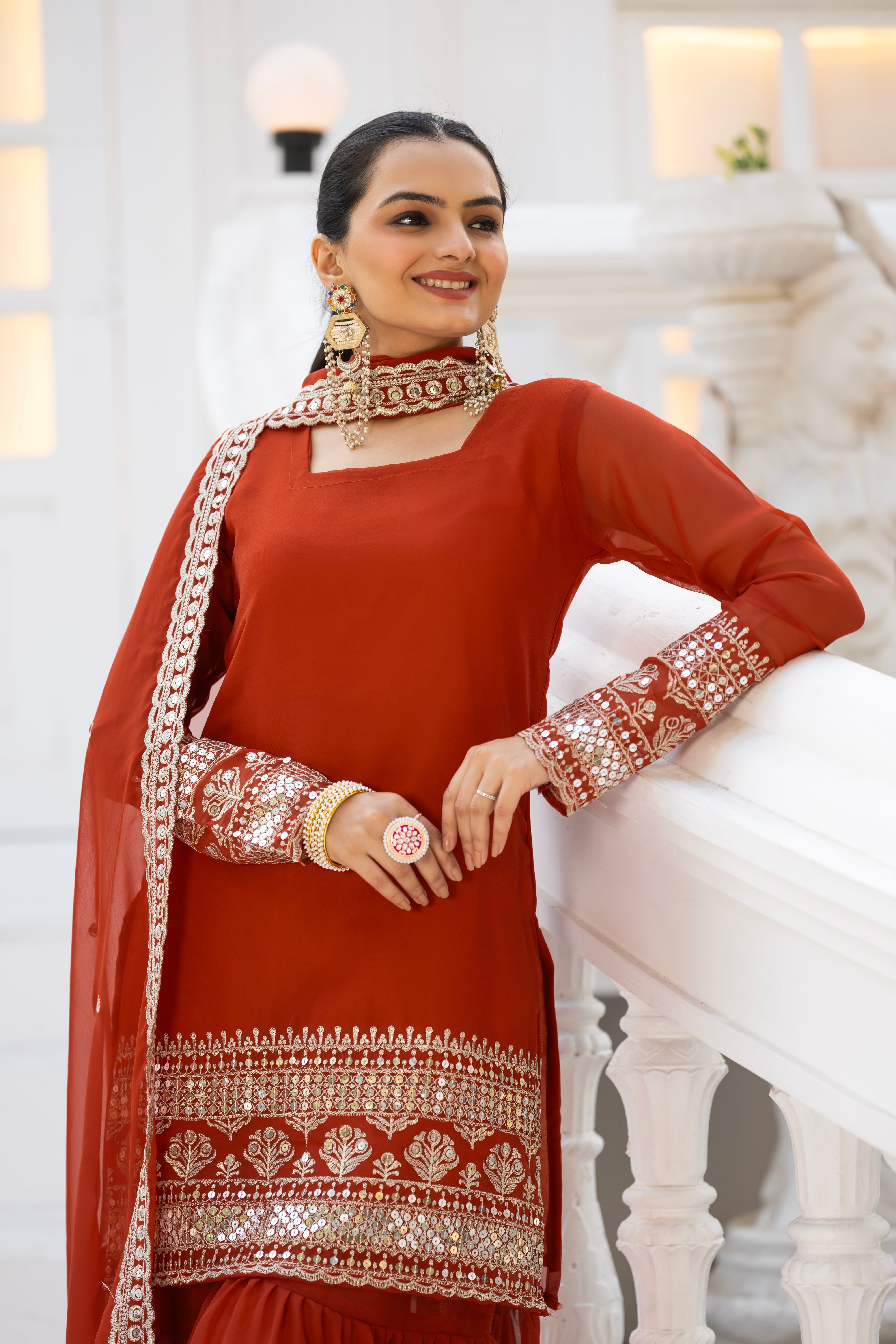 Georgette Rust Embroidered Stitched sharara suit for women's