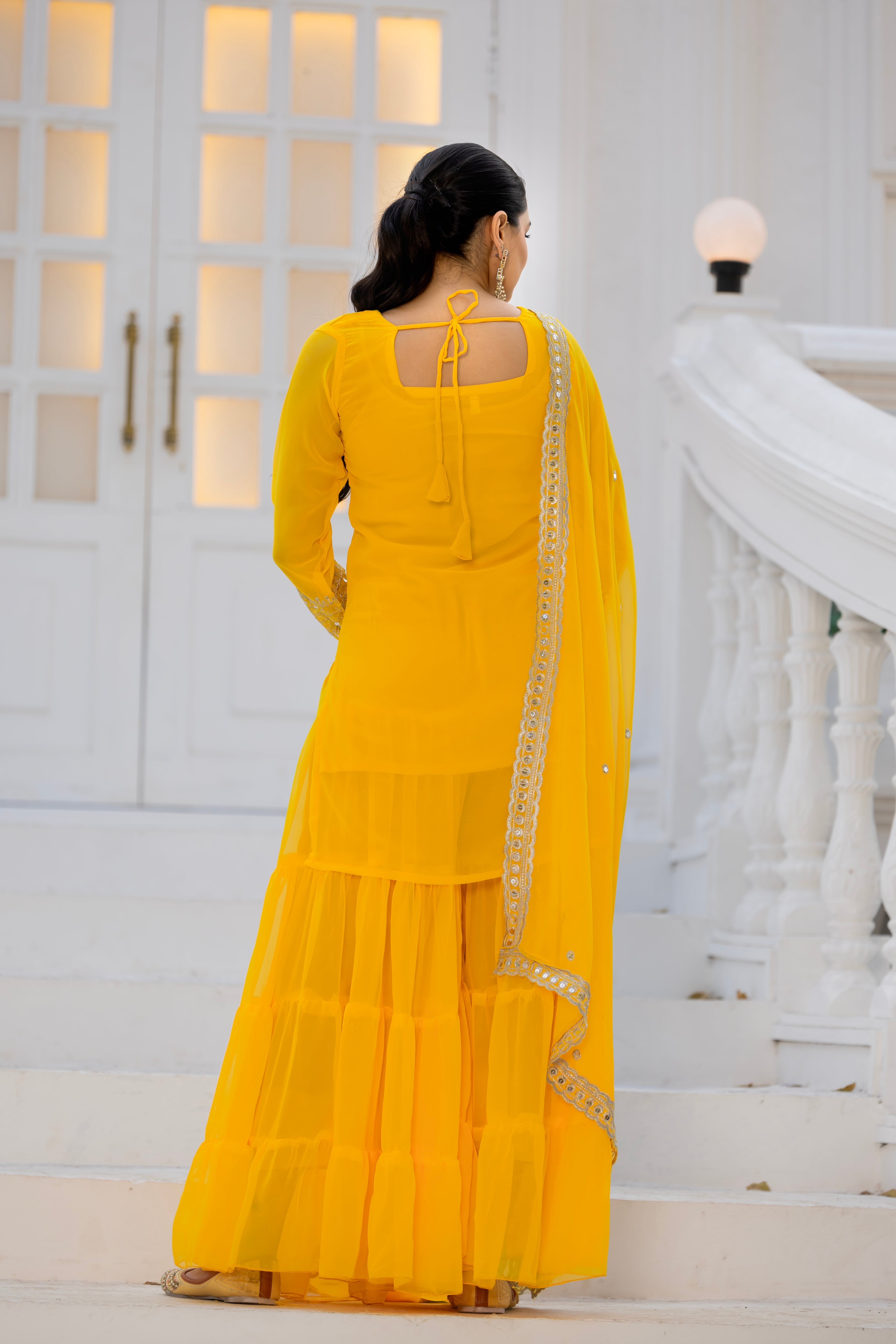 Georgette Yellow Embroidered Stitched sharara suit for women's