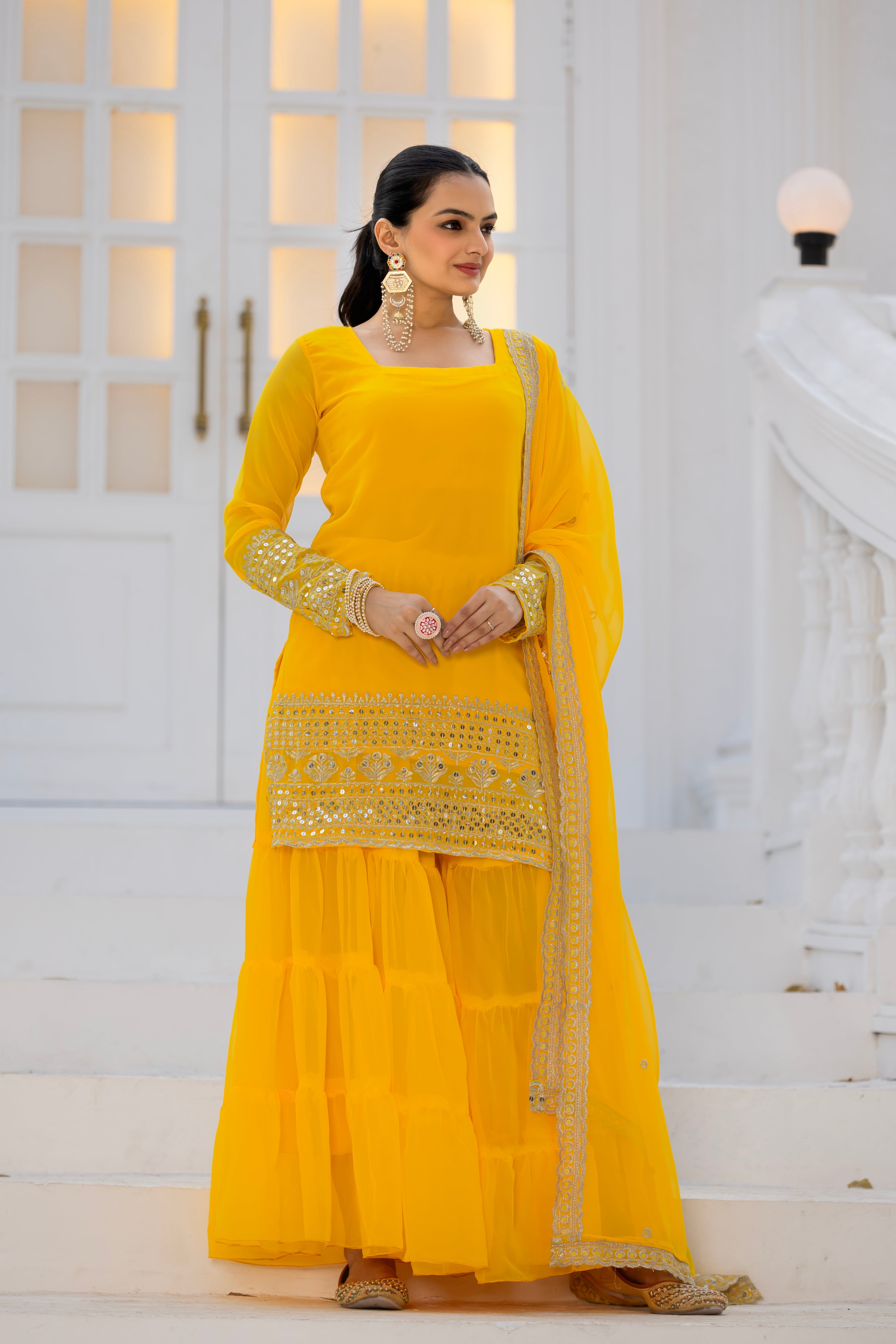 Georgette Yellow Embroidered Stitched sharara suit for women's