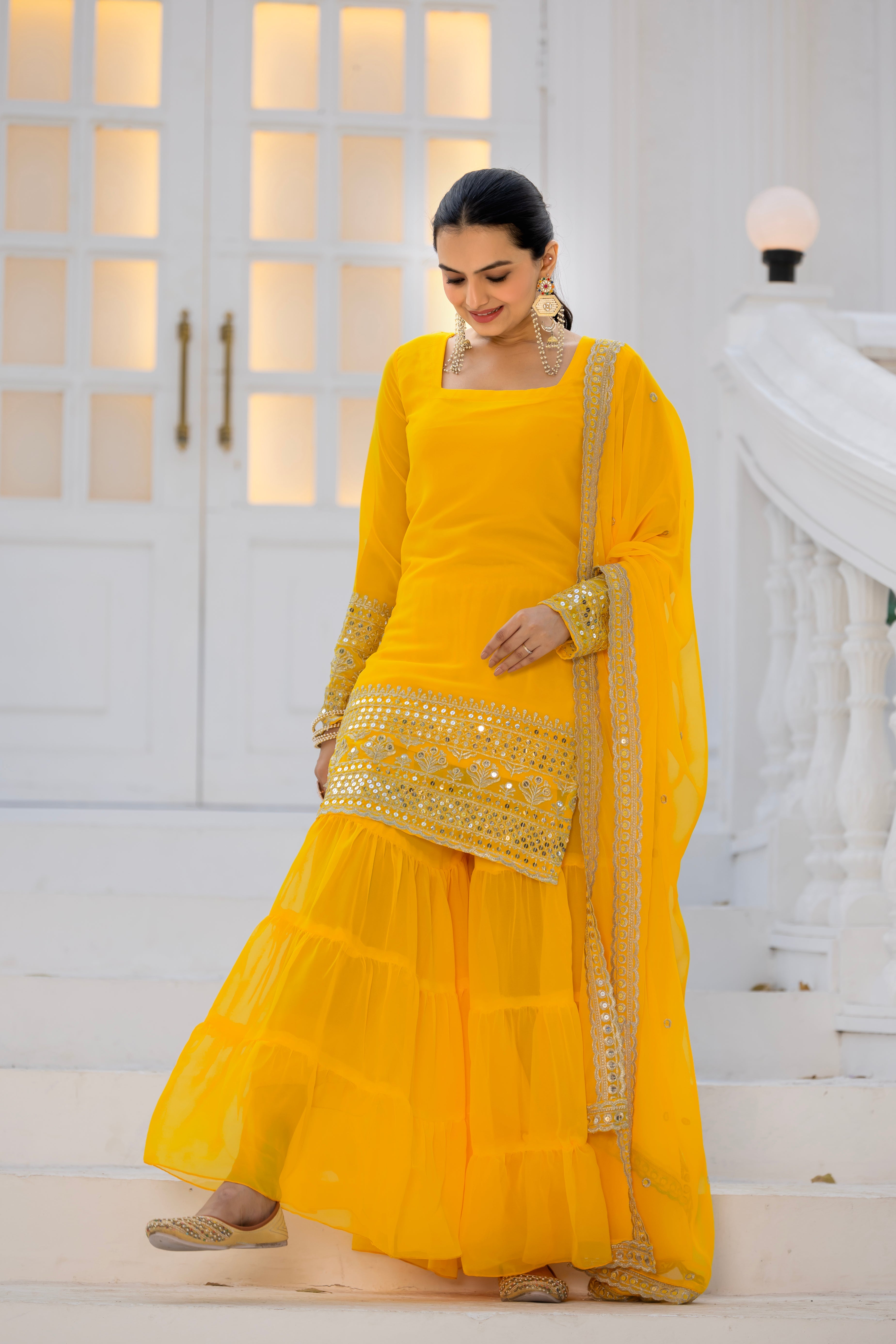 Georgette Yellow Embroidered Stitched sharara suit for women's